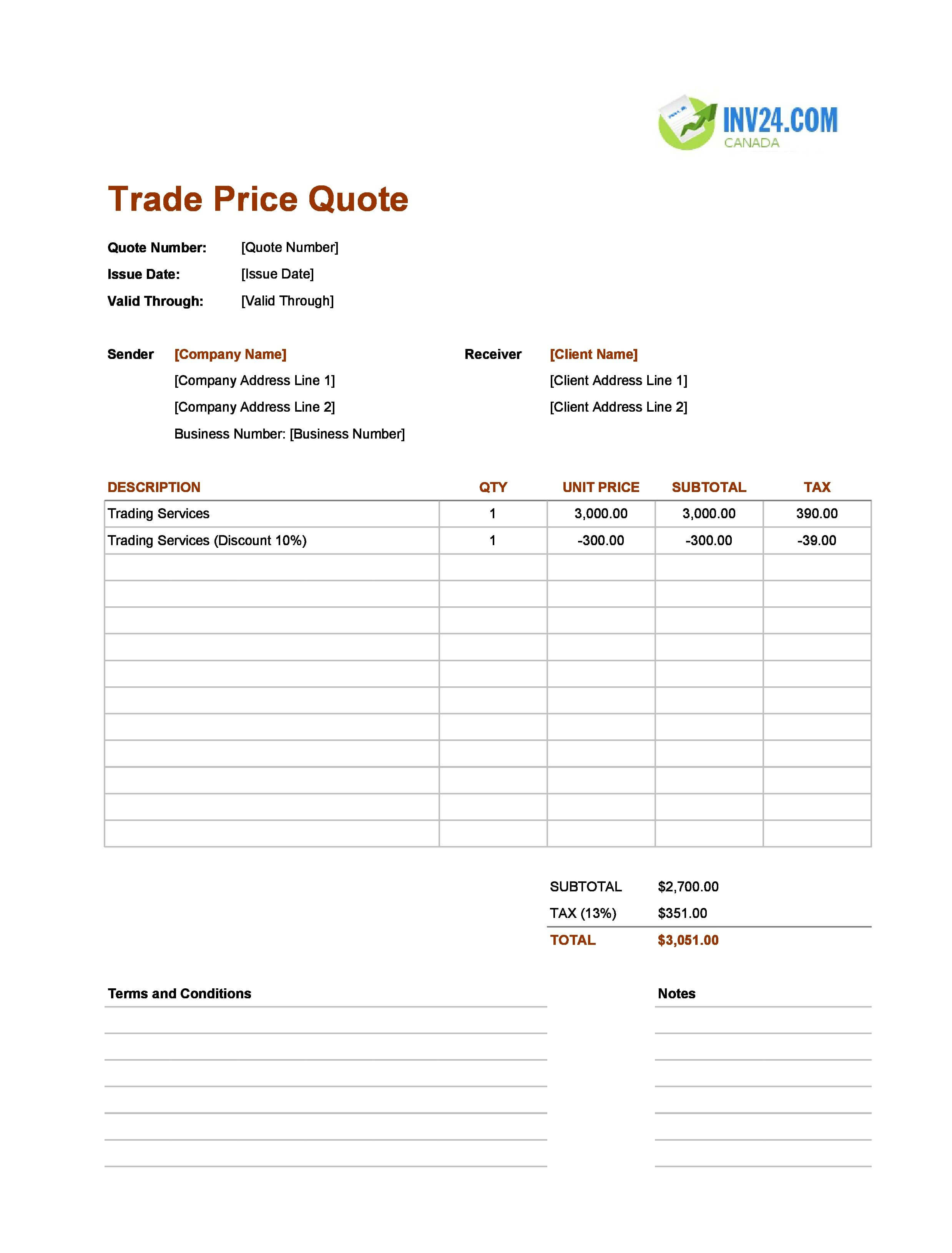 Trade Quote Template for Canada (Excel / Google Sheets)