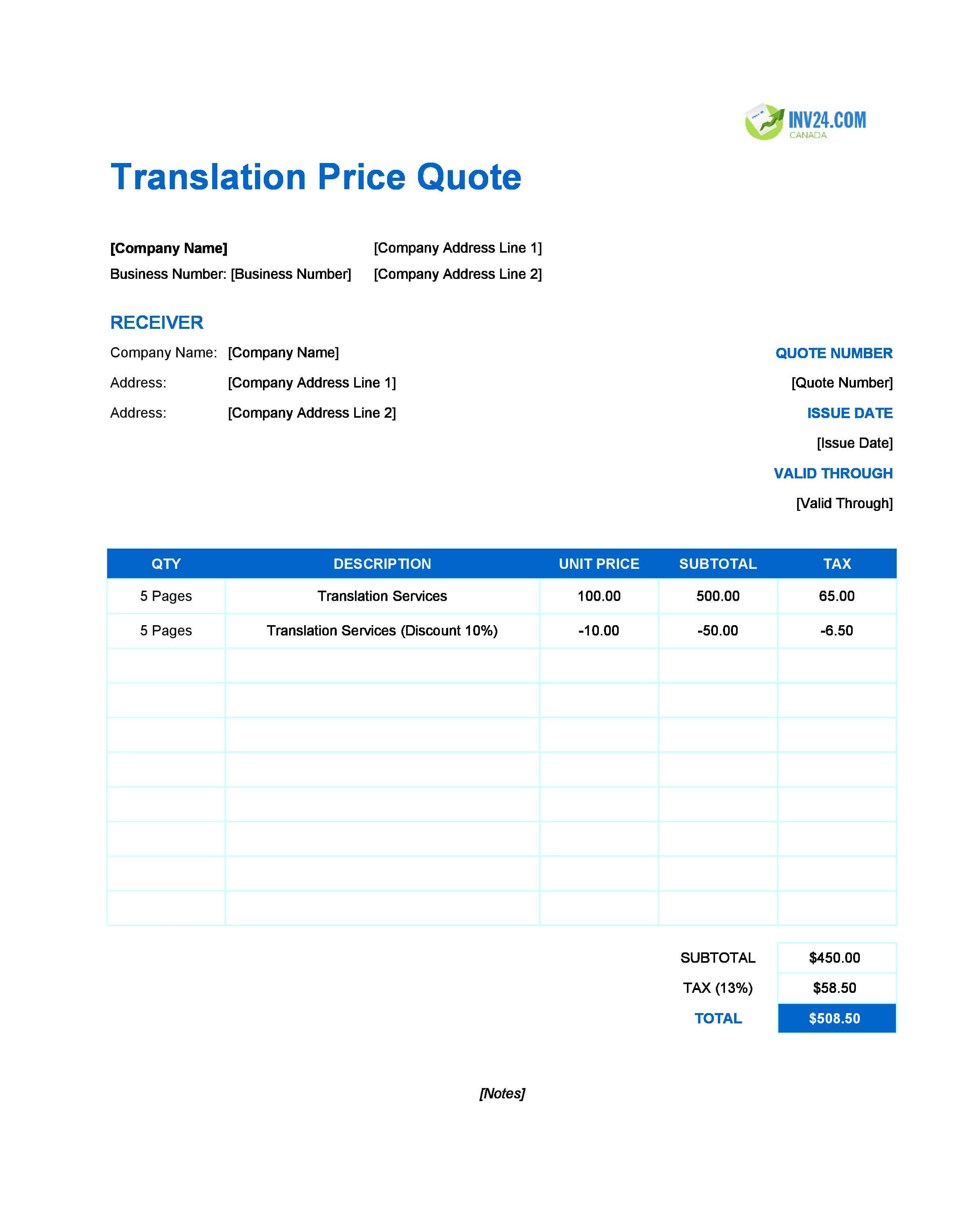 Translation Quote Template for Canada (Excel / Google Sheets)