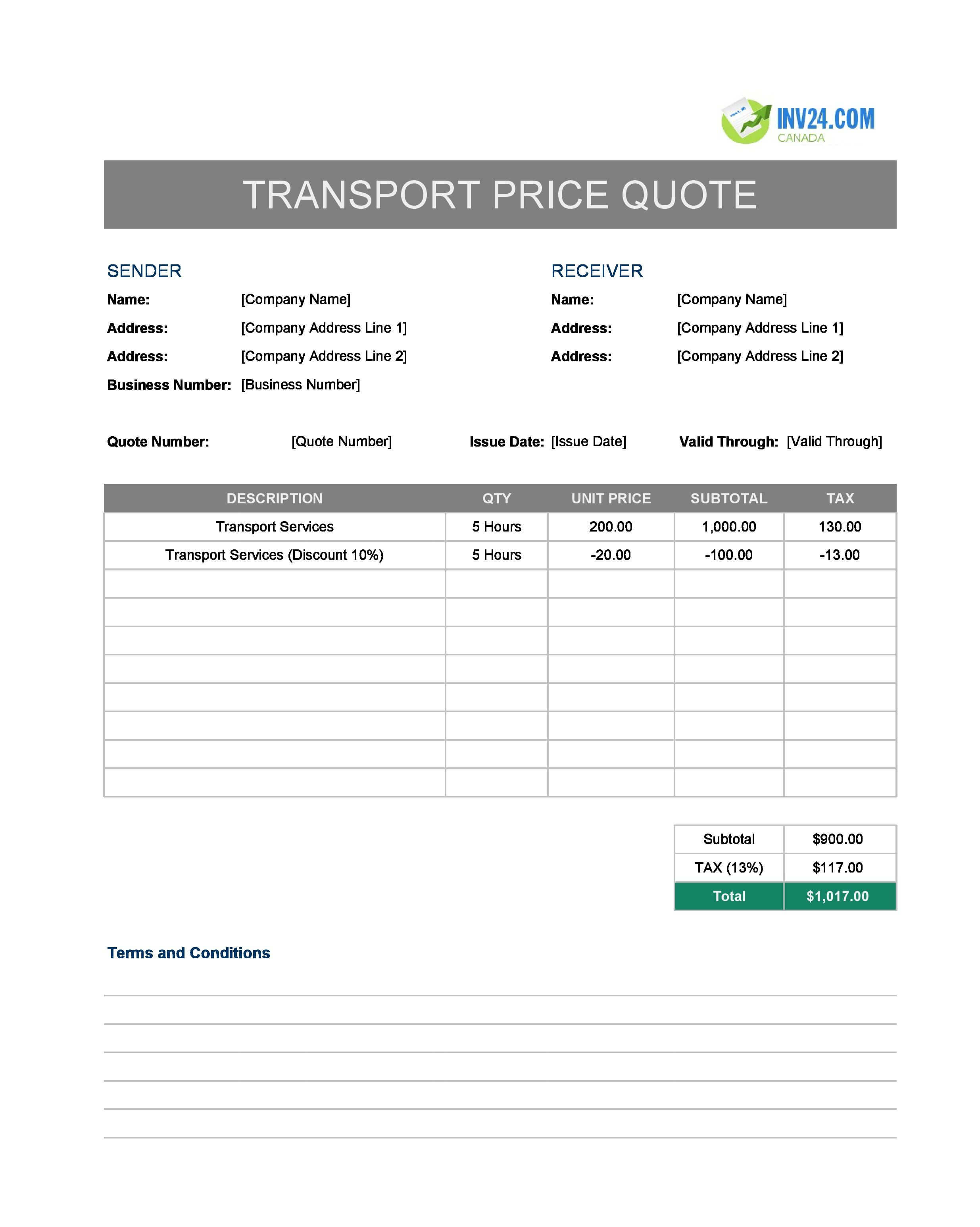 Transport Quote Template for Canada (Excel / Google Sheets)