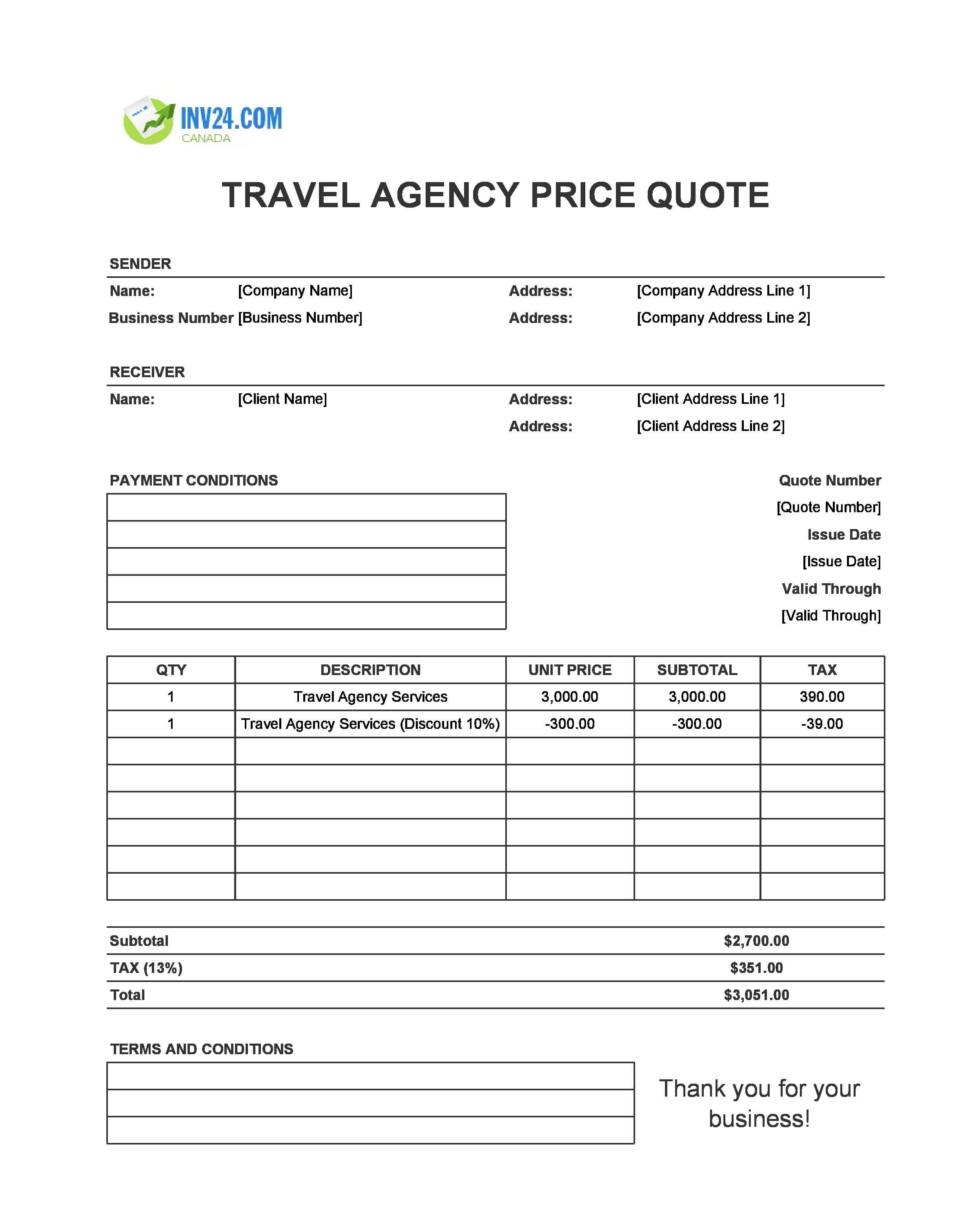 Travel Agency Quote Template for Canada (Excel / Google Sheets)