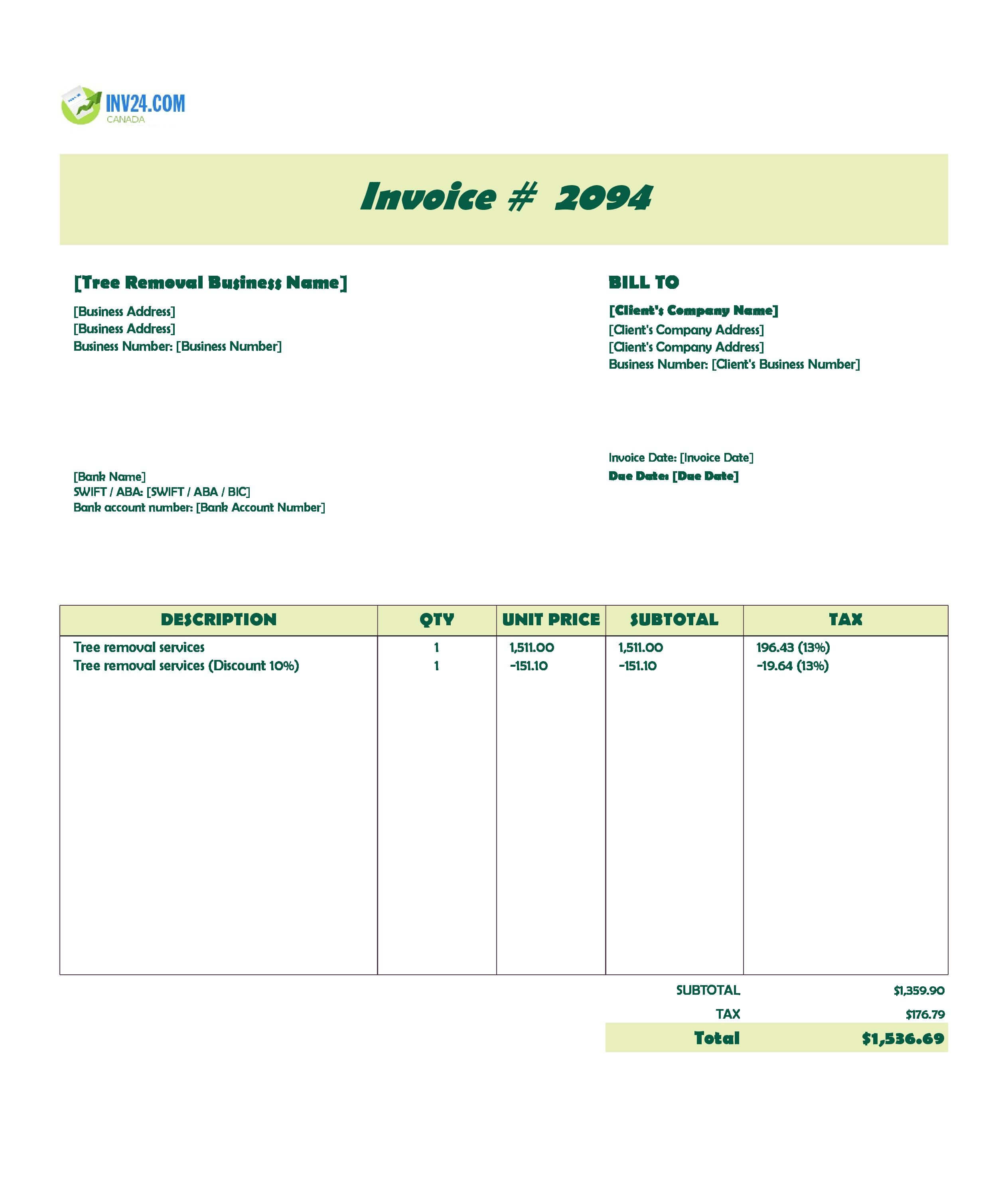 Tree Removal Service Invoice Template for Canada (Excel / Google Sheets)