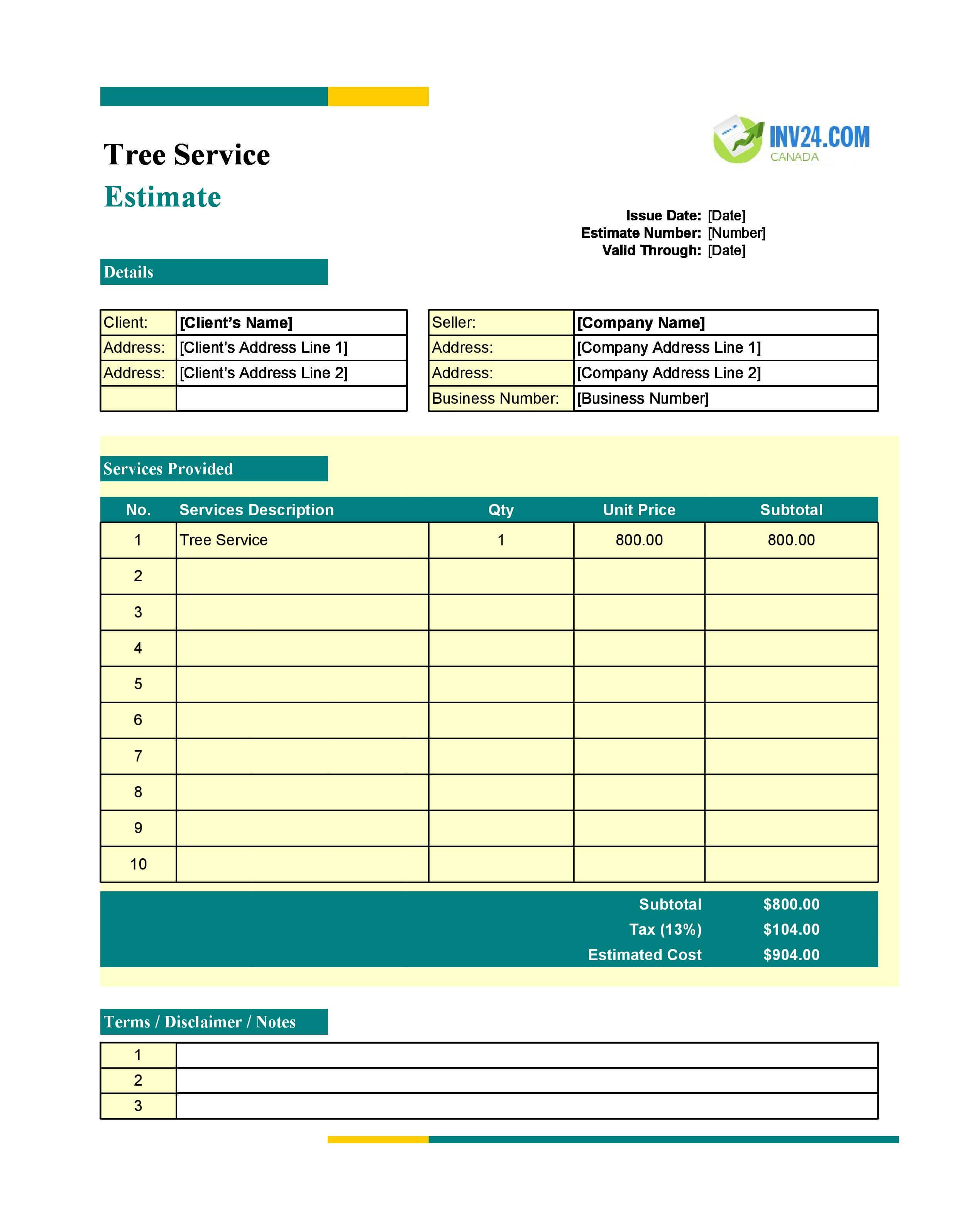 Tree Service Estimate Template for Canada (Excel / Google Sheets)