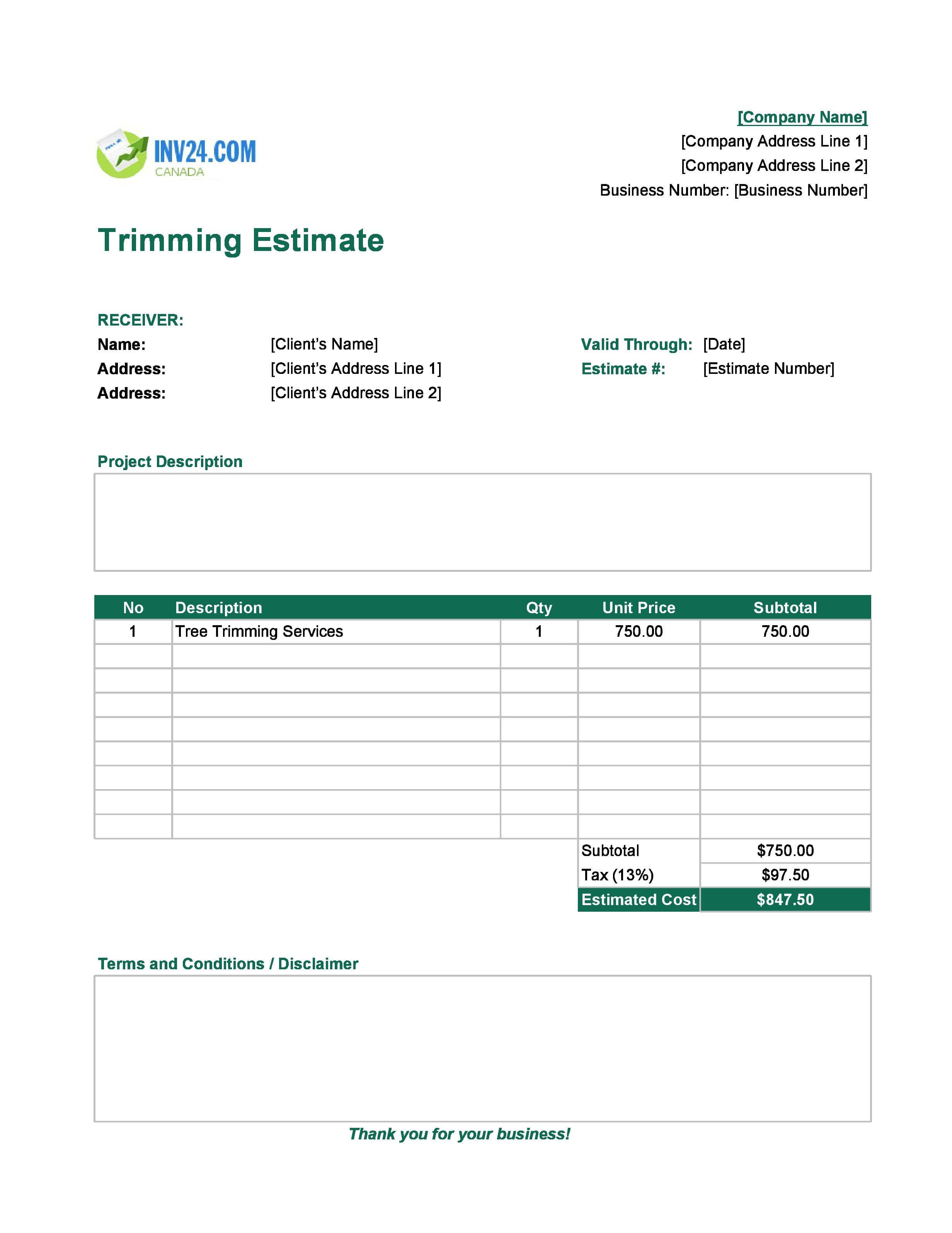 Trimming Estimate Template for Canada (Excel / Google Sheets)