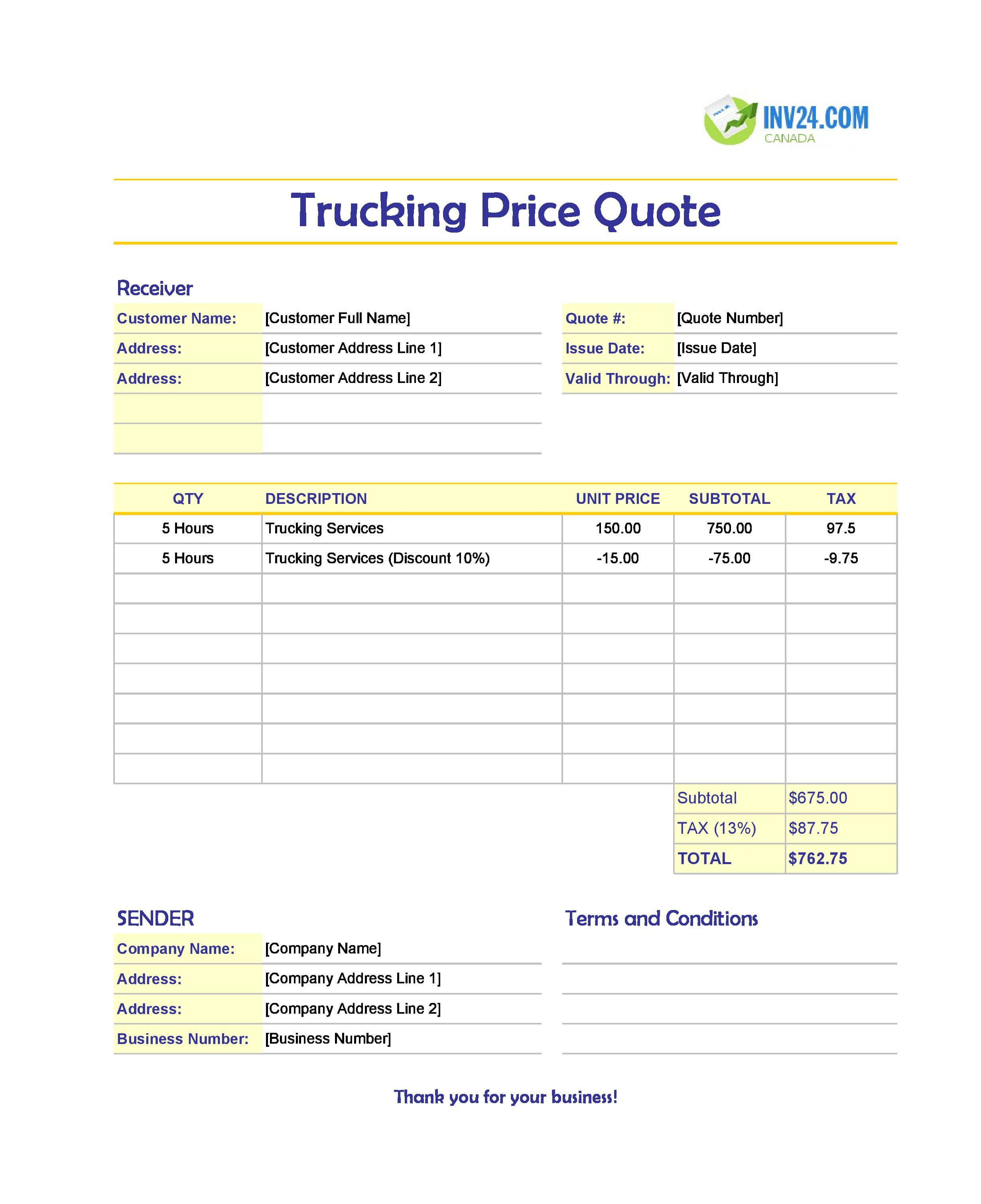 Trucking Quote Template for Canada (Excel / Google Sheets)