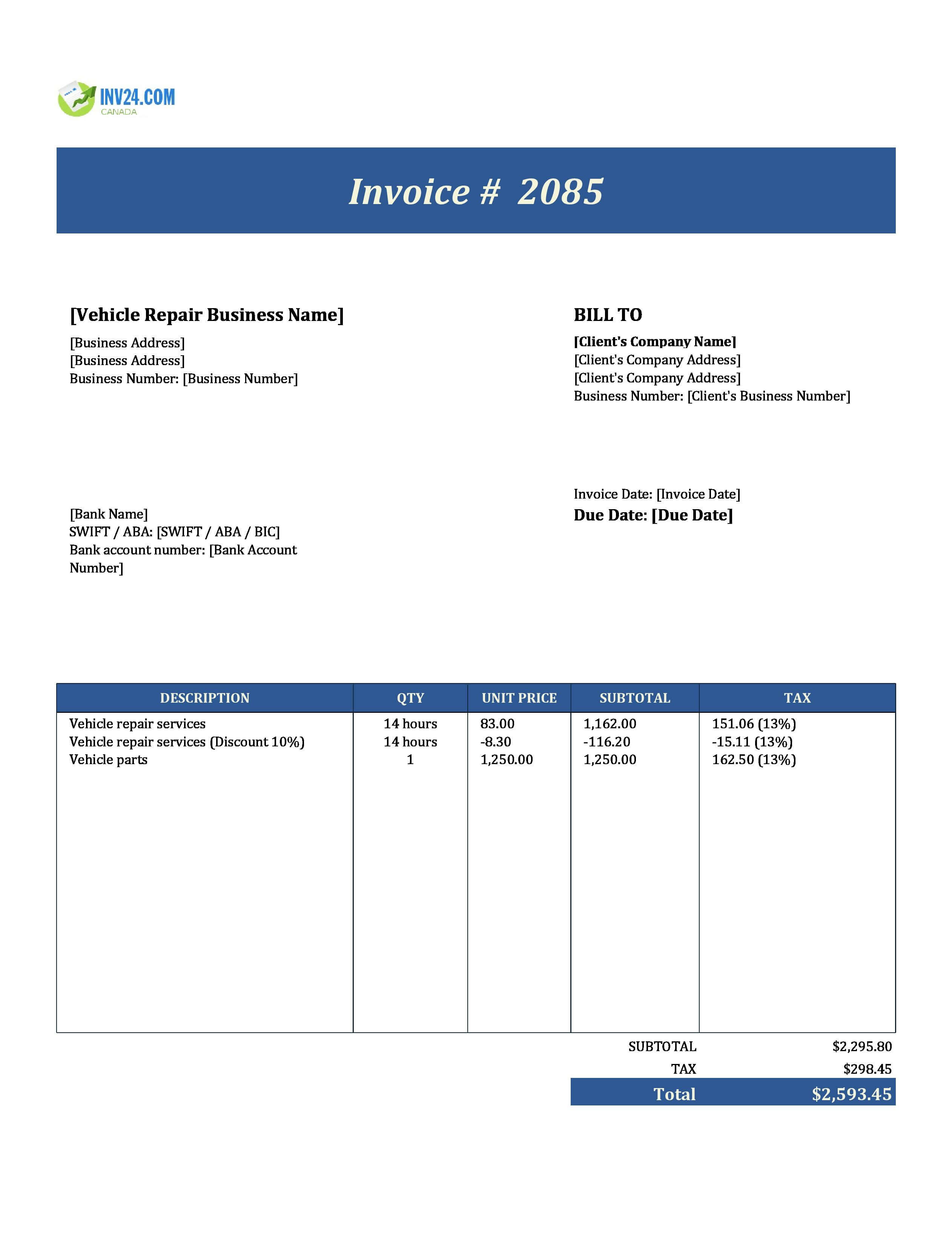 Vehicle Repair Invoice Template for Canada (Excel / Google Sheets)