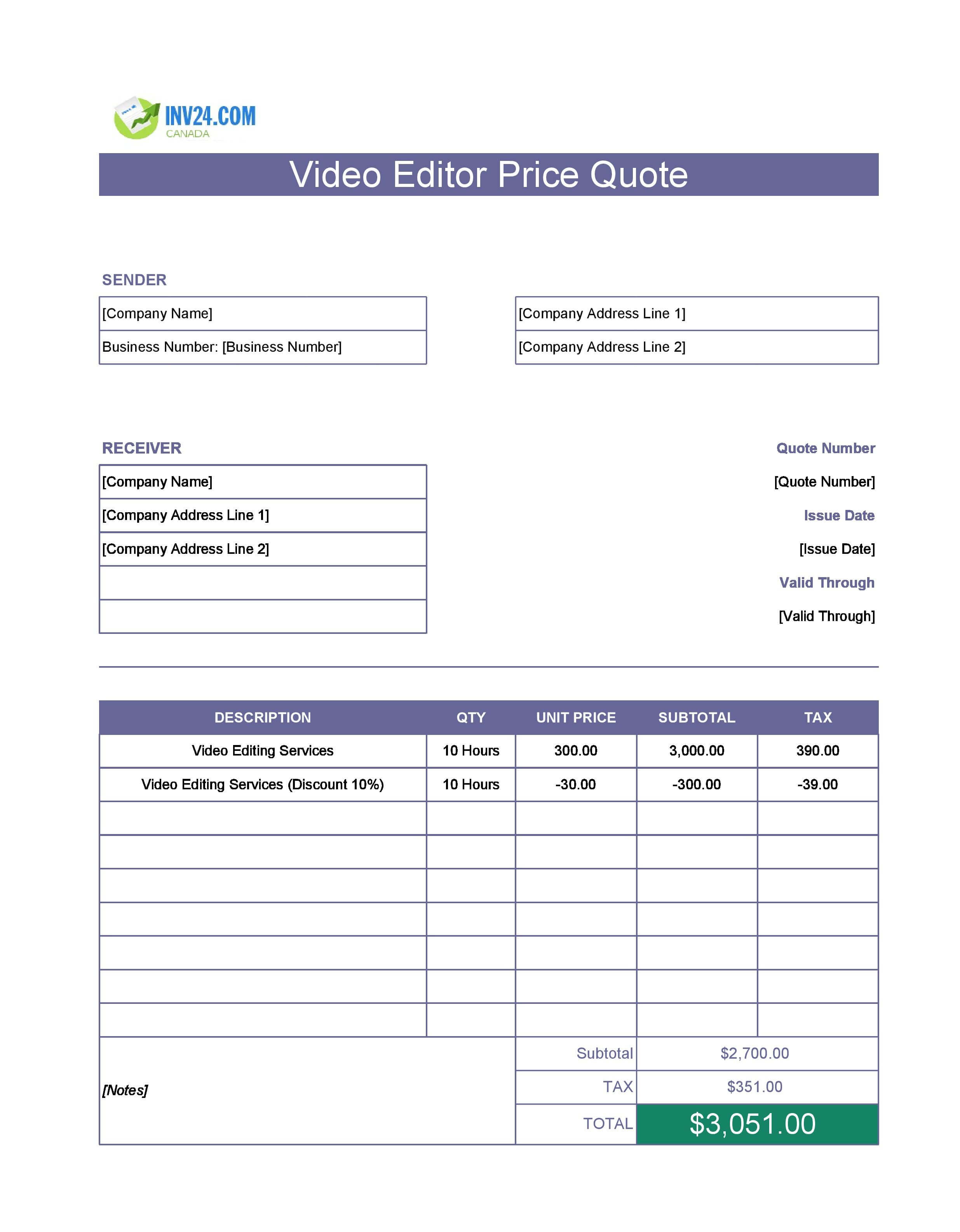 Video Editor Quote Template for Canada (Excel / Google Sheets)