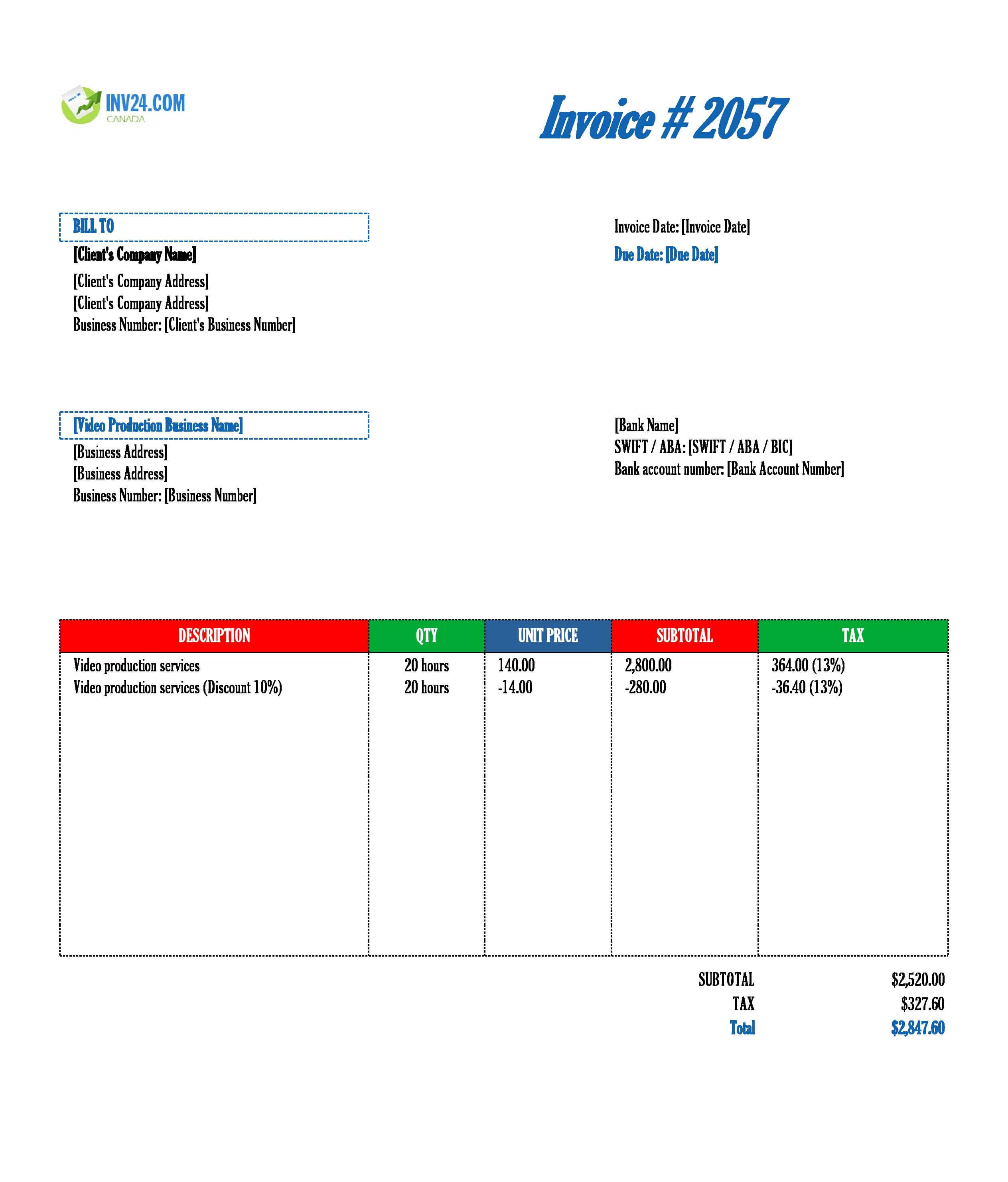 Video Production Invoice Template for Canada (Excel / Google Sheets)