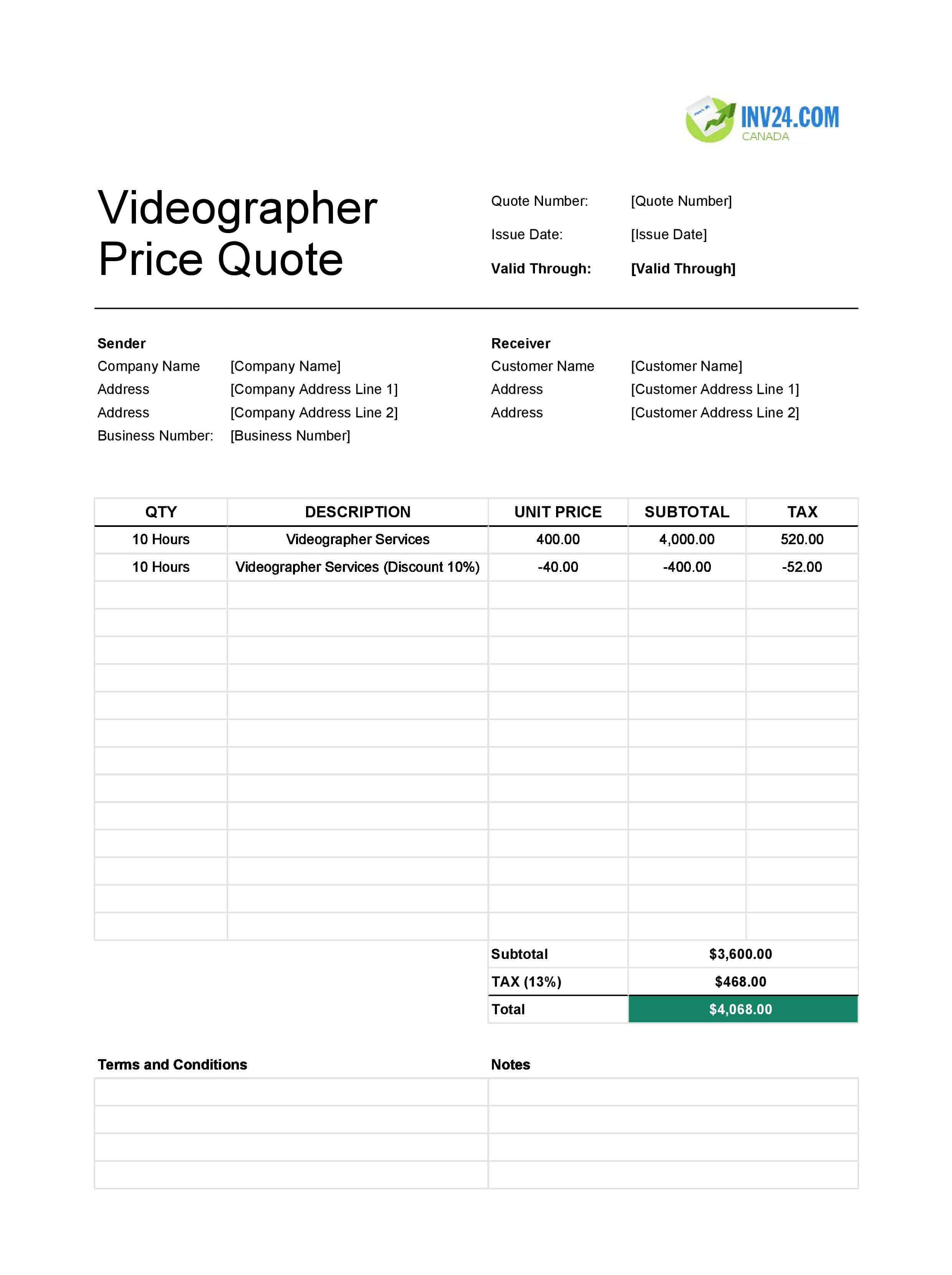 Videographer Quote Template for Canada (Excel / Google Sheets)