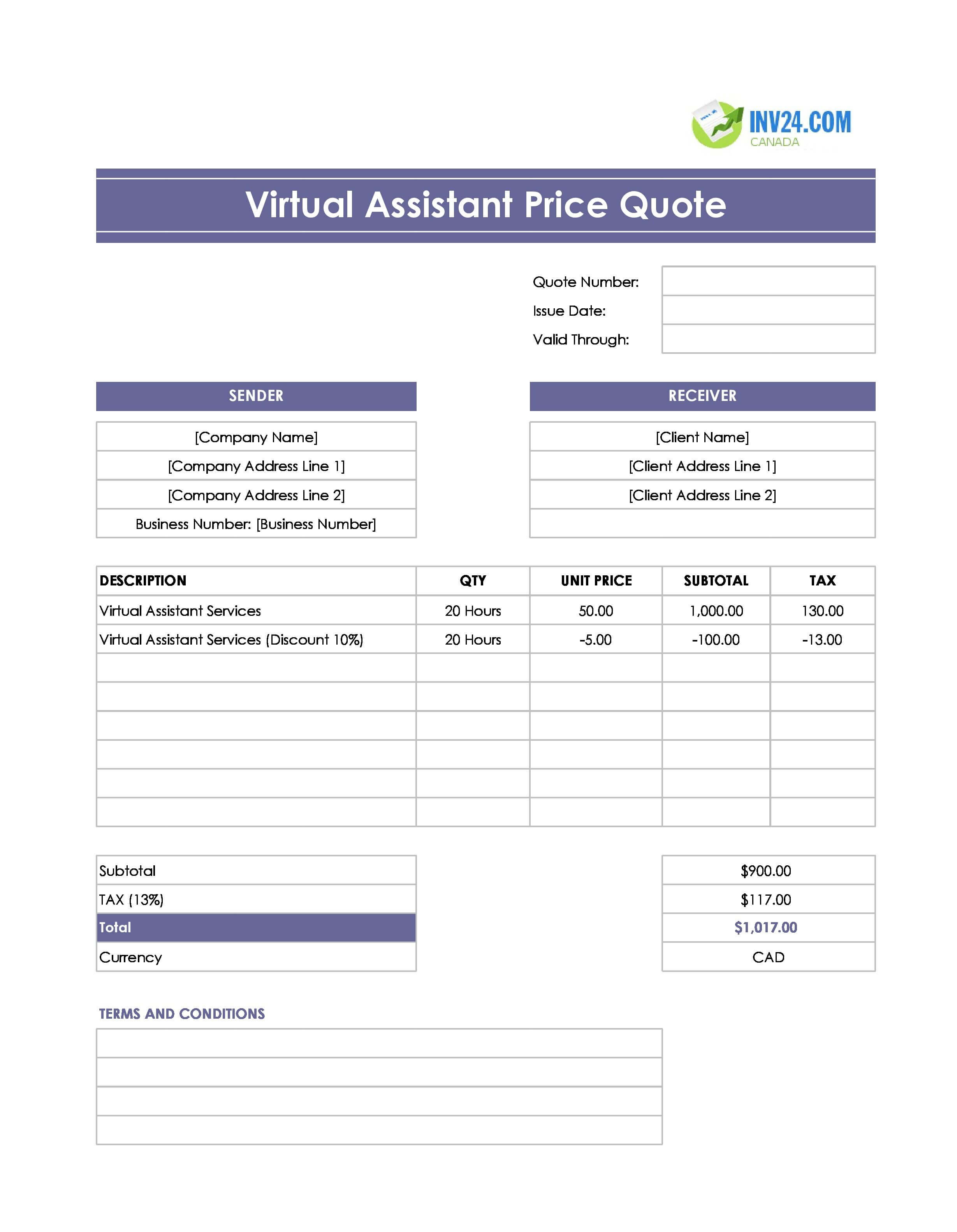 Virtual Assistant Quote Template for Canada (Excel / Google Sheets)