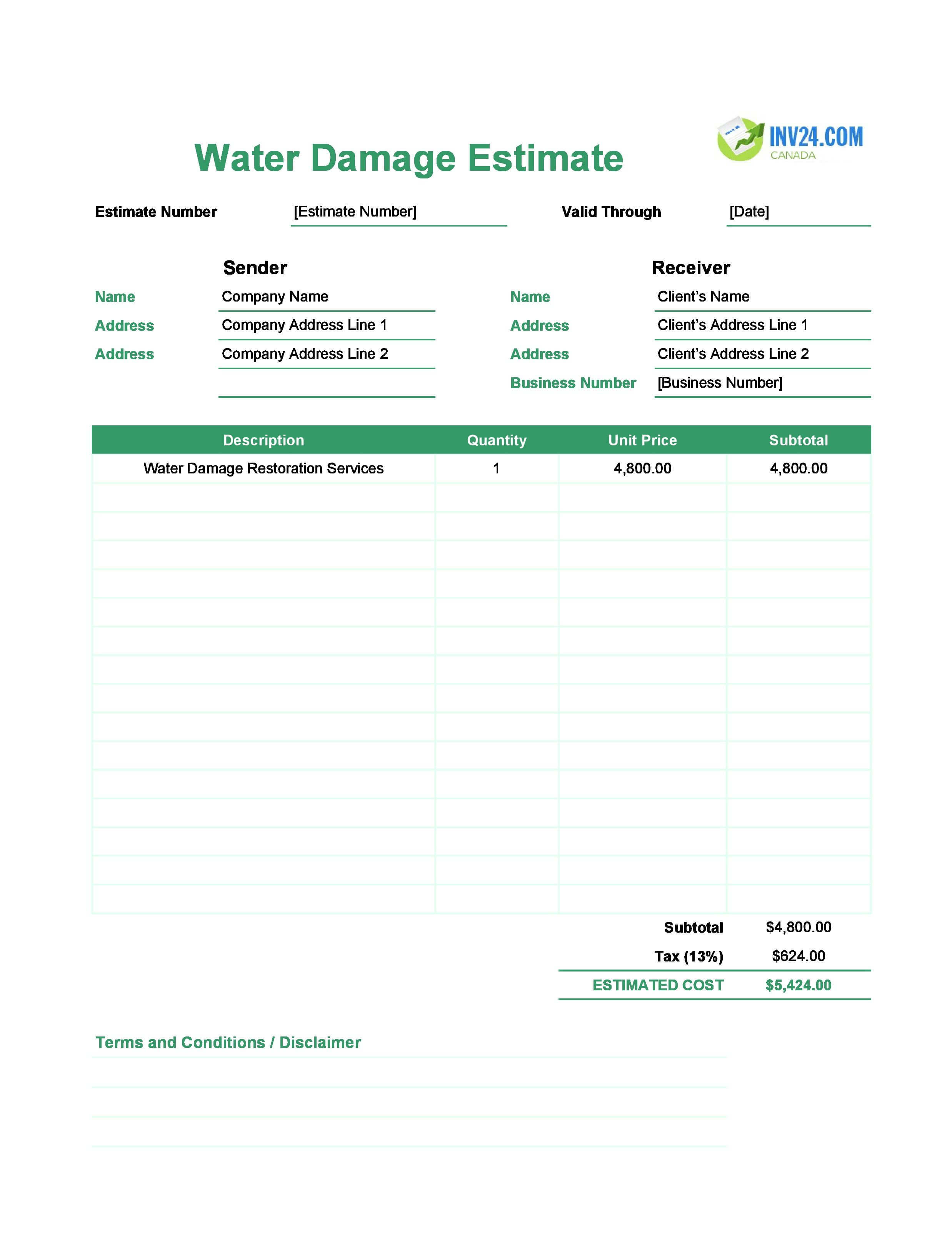 Water Damage Estimate Template for Canada (Excel / Google Sheets)