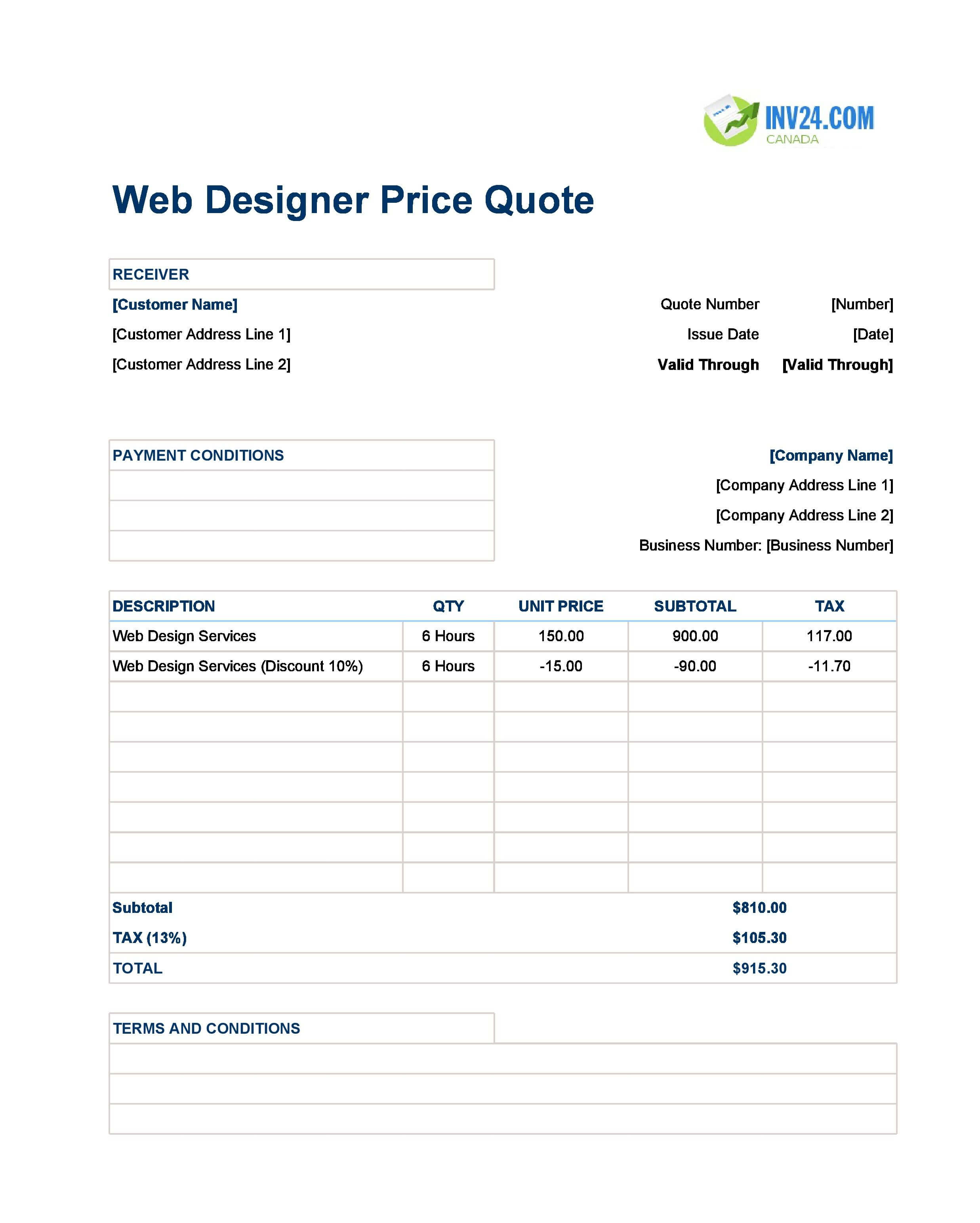 Web Designer Quote Template for Canada (Excel / Google Sheets)