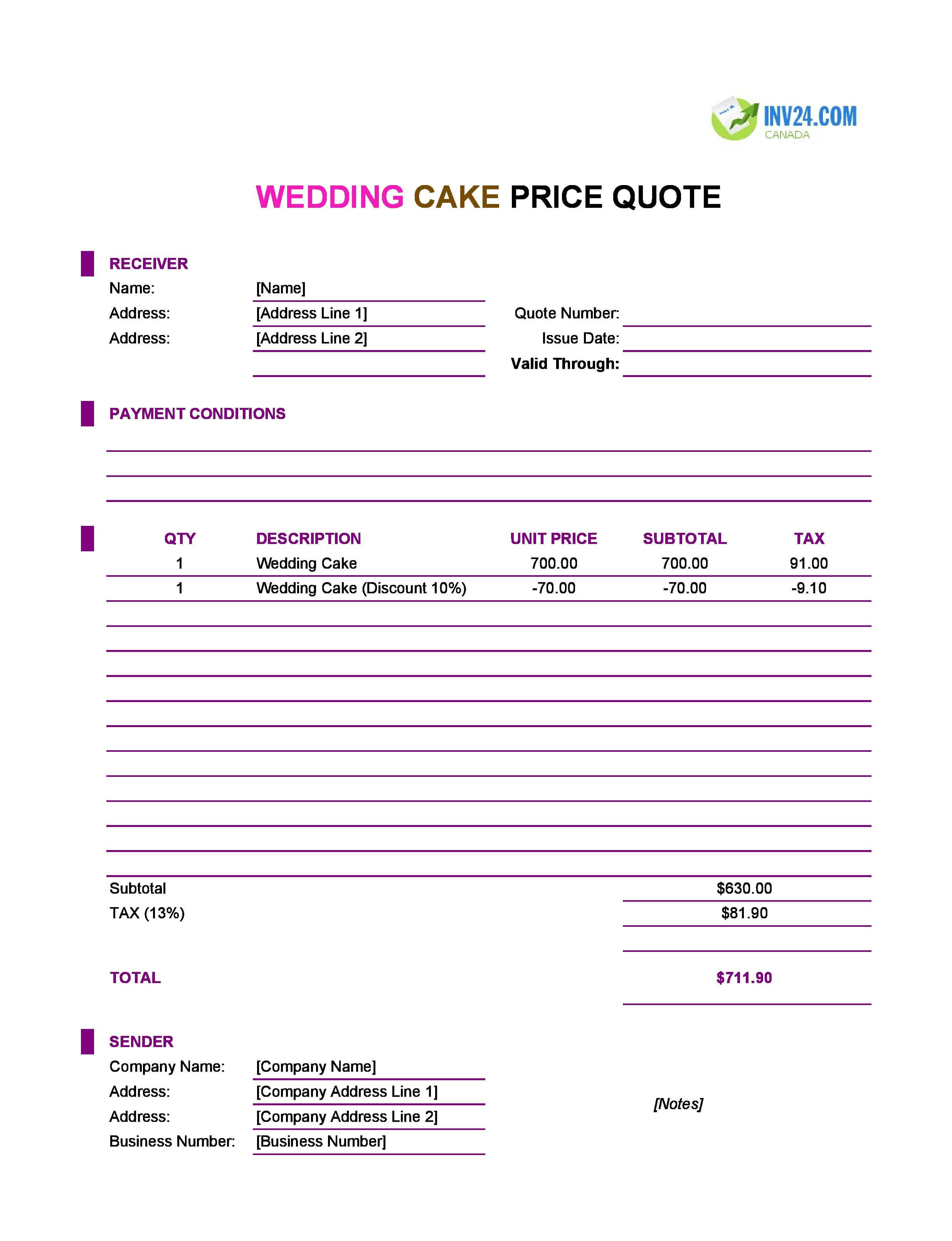 Wedding Cake Quote Template for Canada (Excel / Google Sheets)