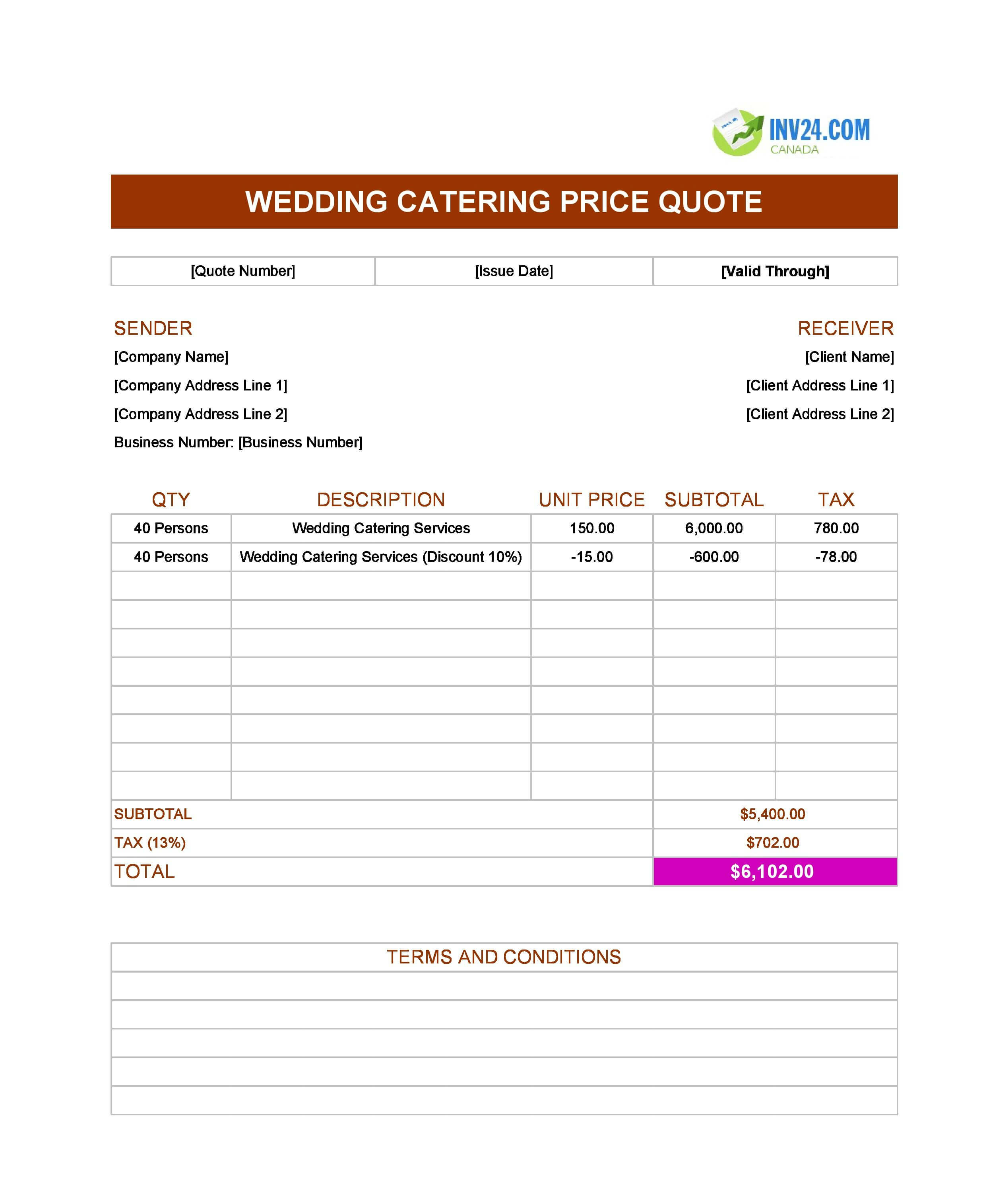 Wedding Catering Quote Template for Canada (Excel / Google Sheets)