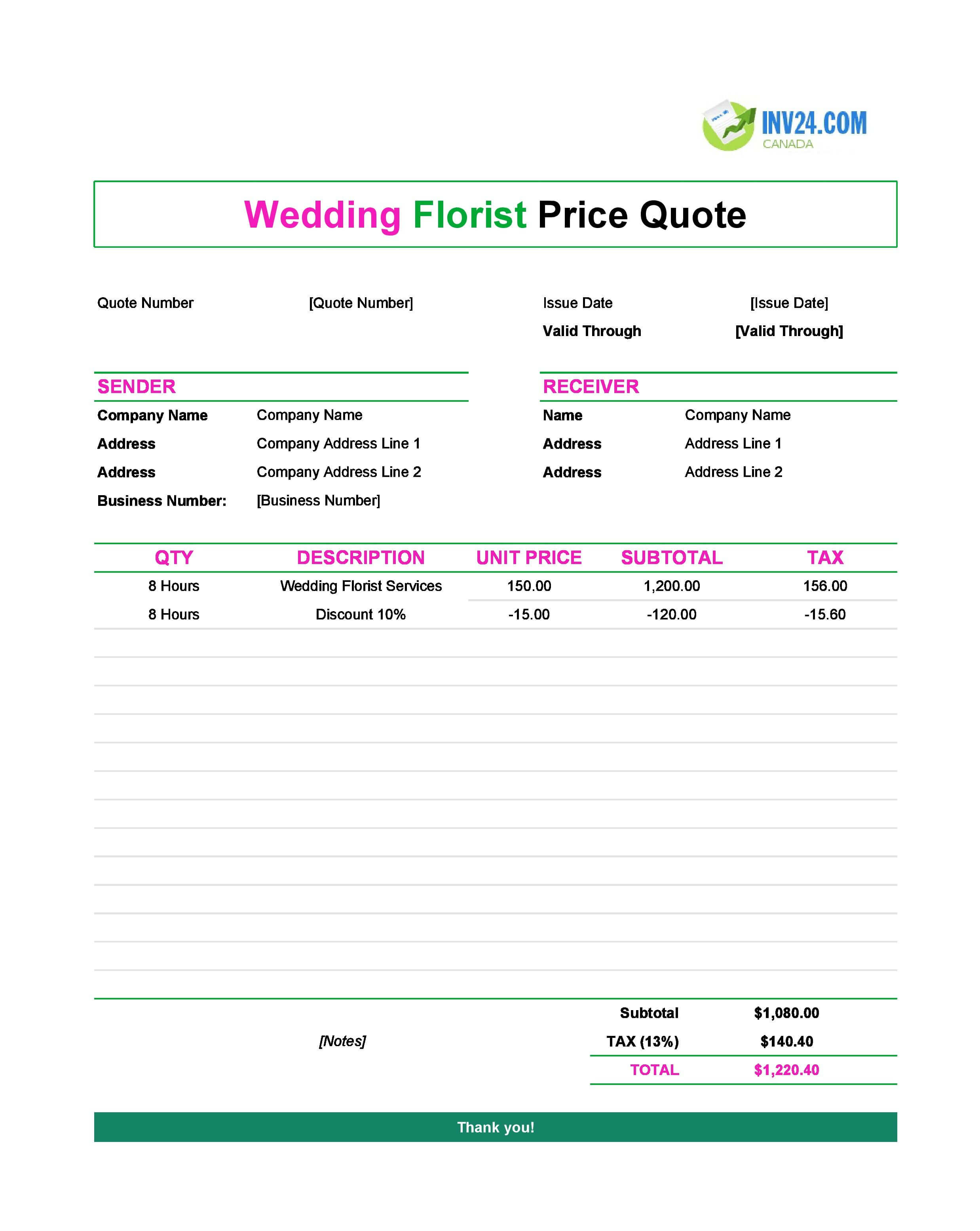 Wedding Florist Quote Template for Canada (Excel / Google Sheets)