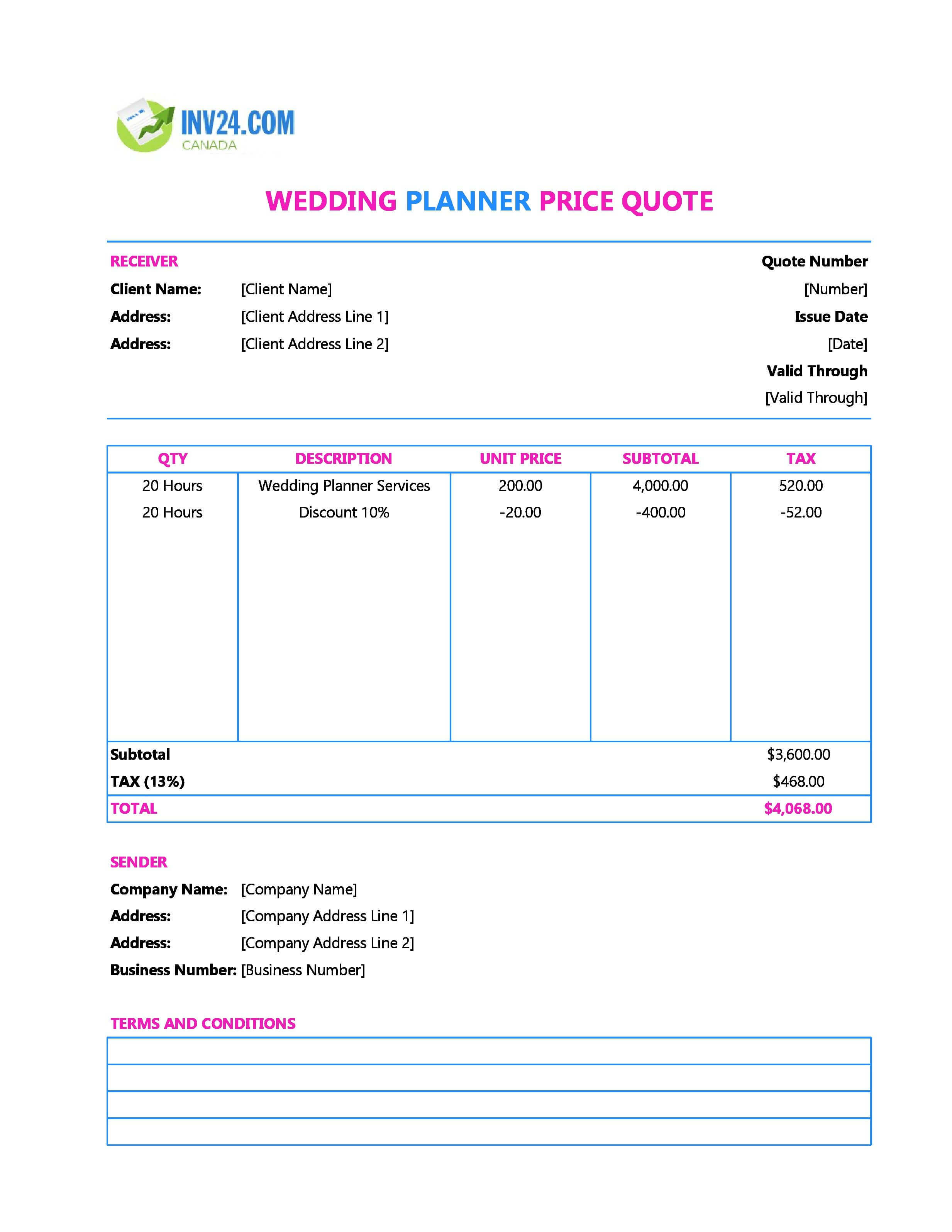 Wedding Planner Quote Template for Canada (Excel / Google Sheets)