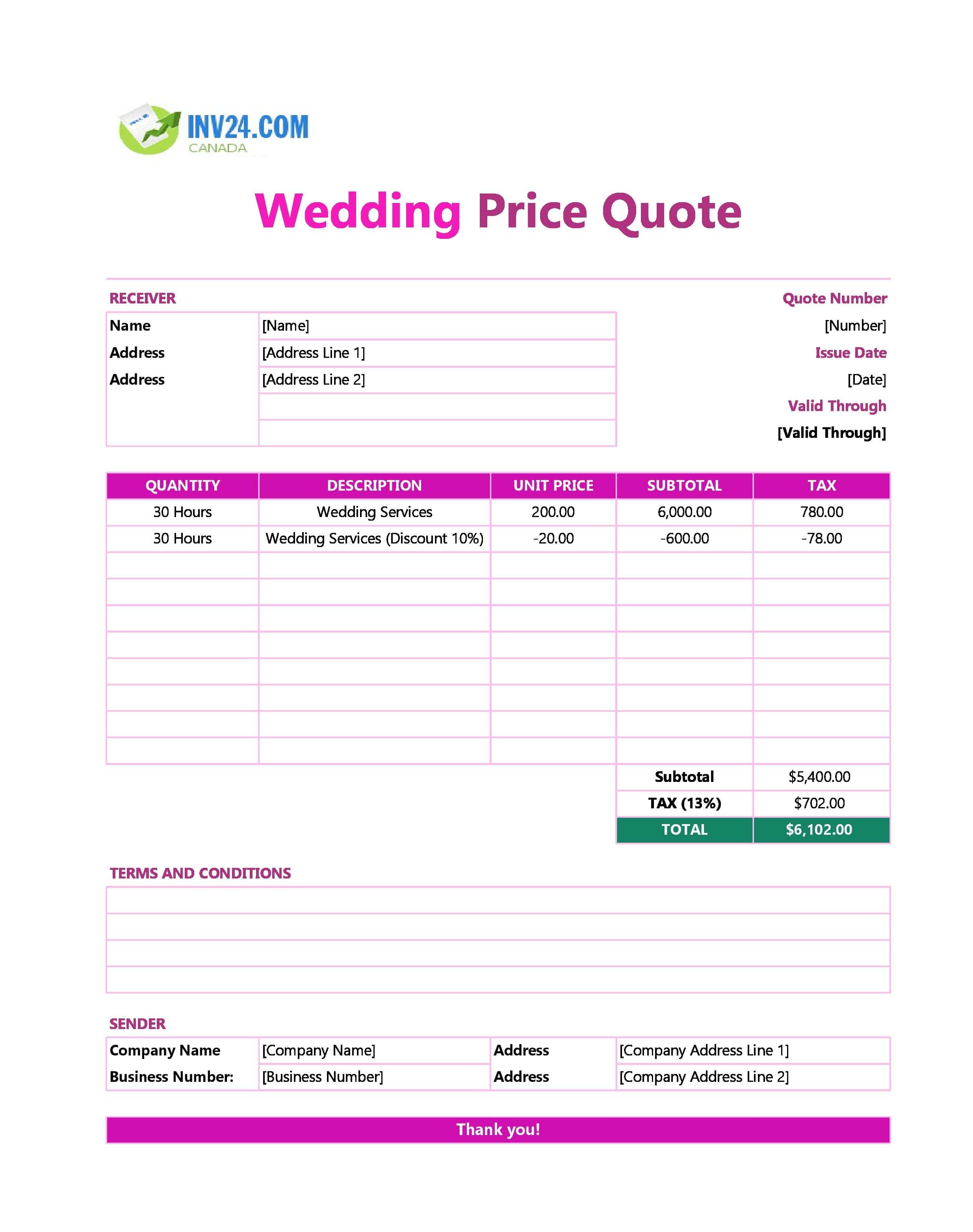 Wedding Quote Template for Canada (Excel / Google Sheets)