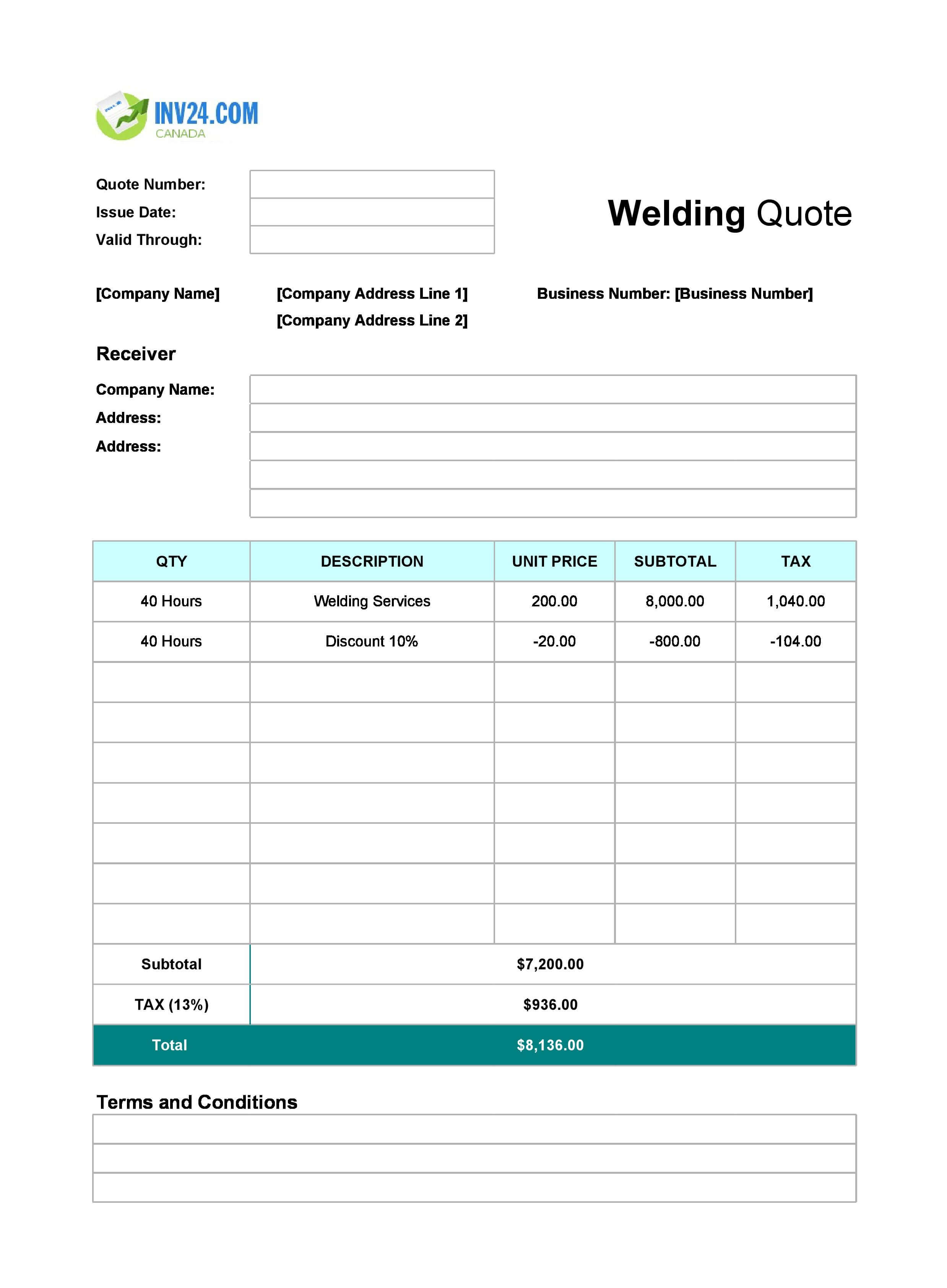 Welding Quote Template for Canada (Excel / Google Sheets)