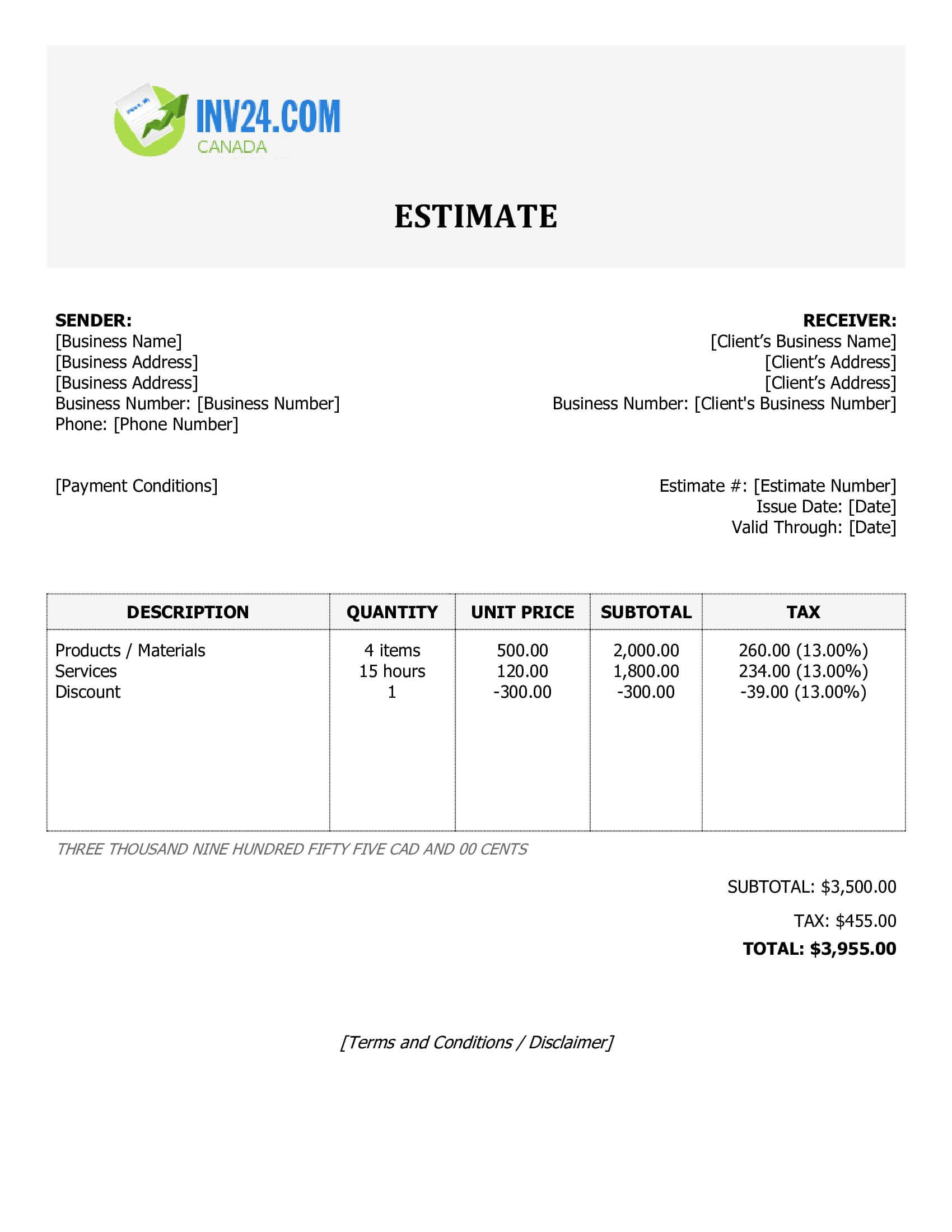 Work Estimate Template for Canada (Word / Google Docs)