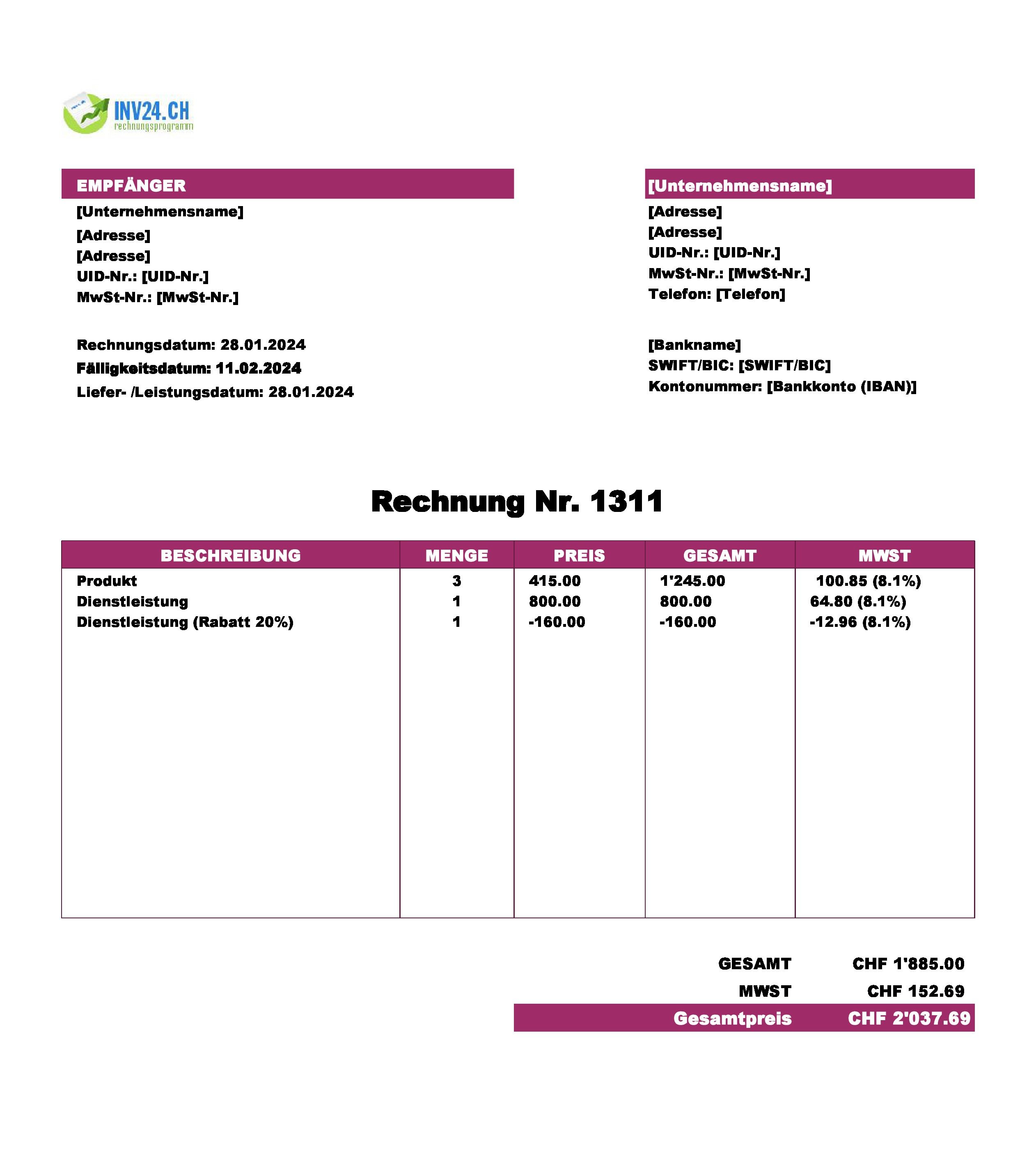 Kaufrechnung Vorlage Schweiz (Excel / Google Sheets)