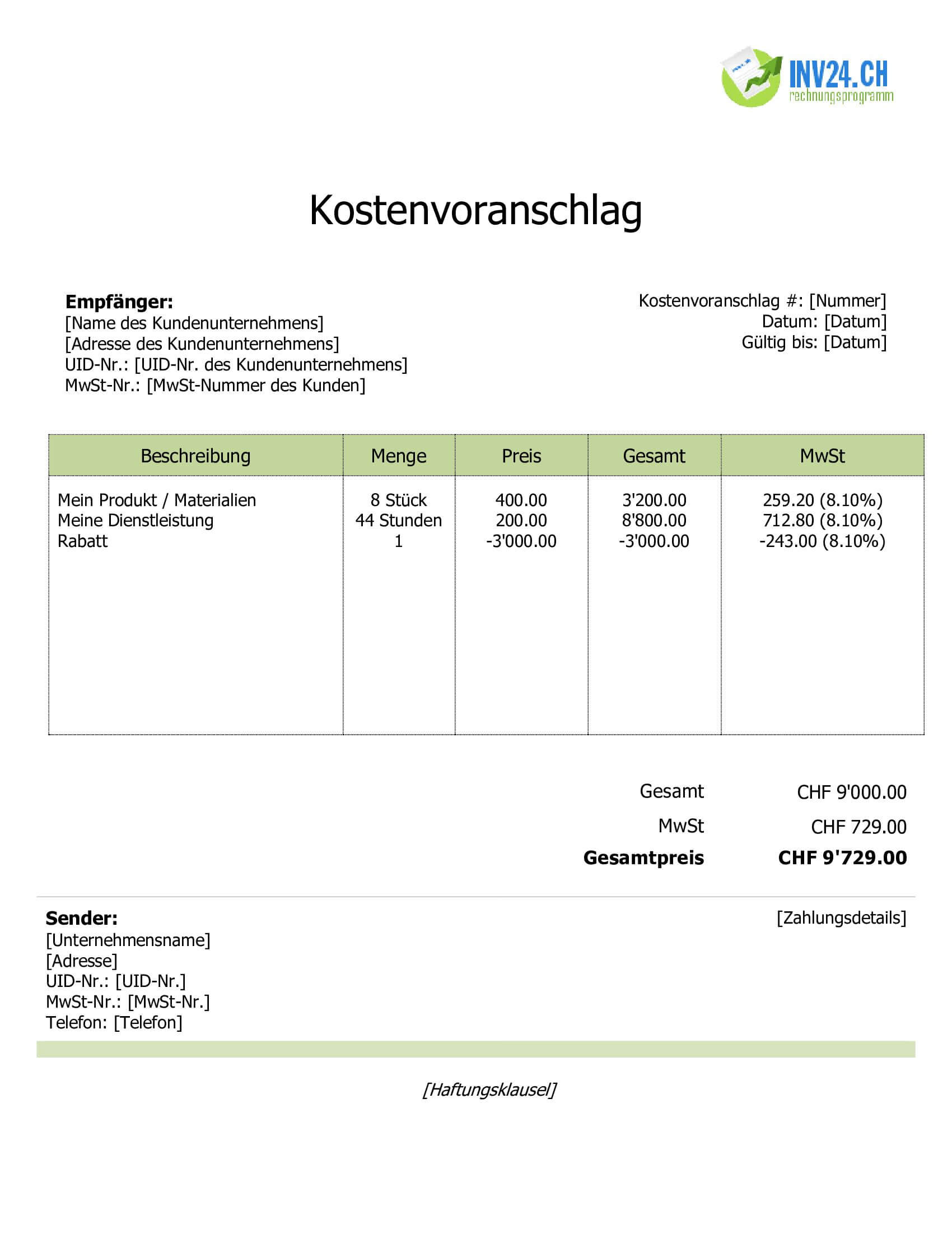 Kostenvoranschlag Beispiel für Schweiz (Word / Google Docs) Kostenvoranschlag Beispiel für Schweiz (Word / Google Docs)