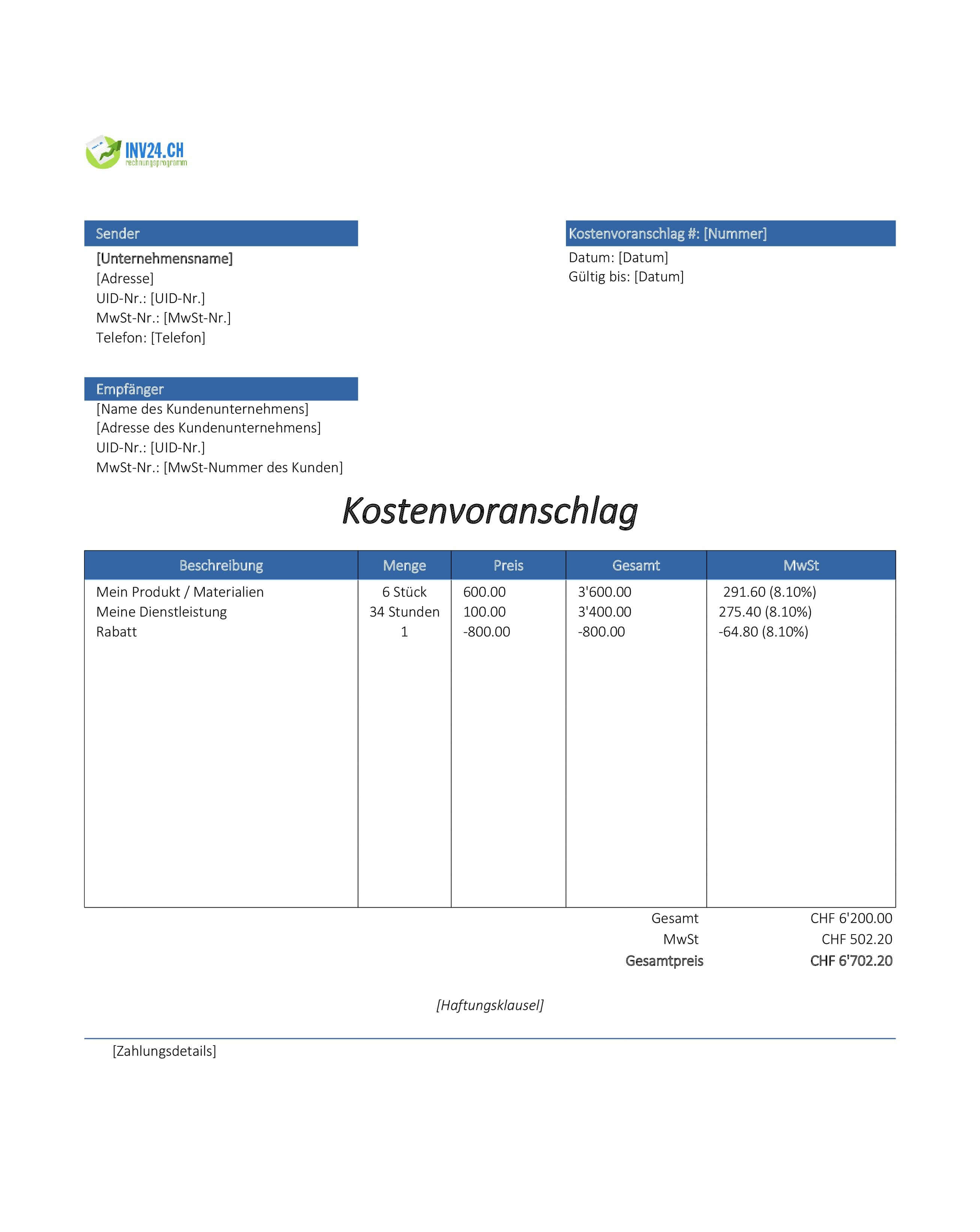 Kostenvoranschlag erstellen Muster für Schweiz (Excel / Google Sheets) Kostenvoranschlag erstellen Muster für Schweiz (Excel / Google Sheets)