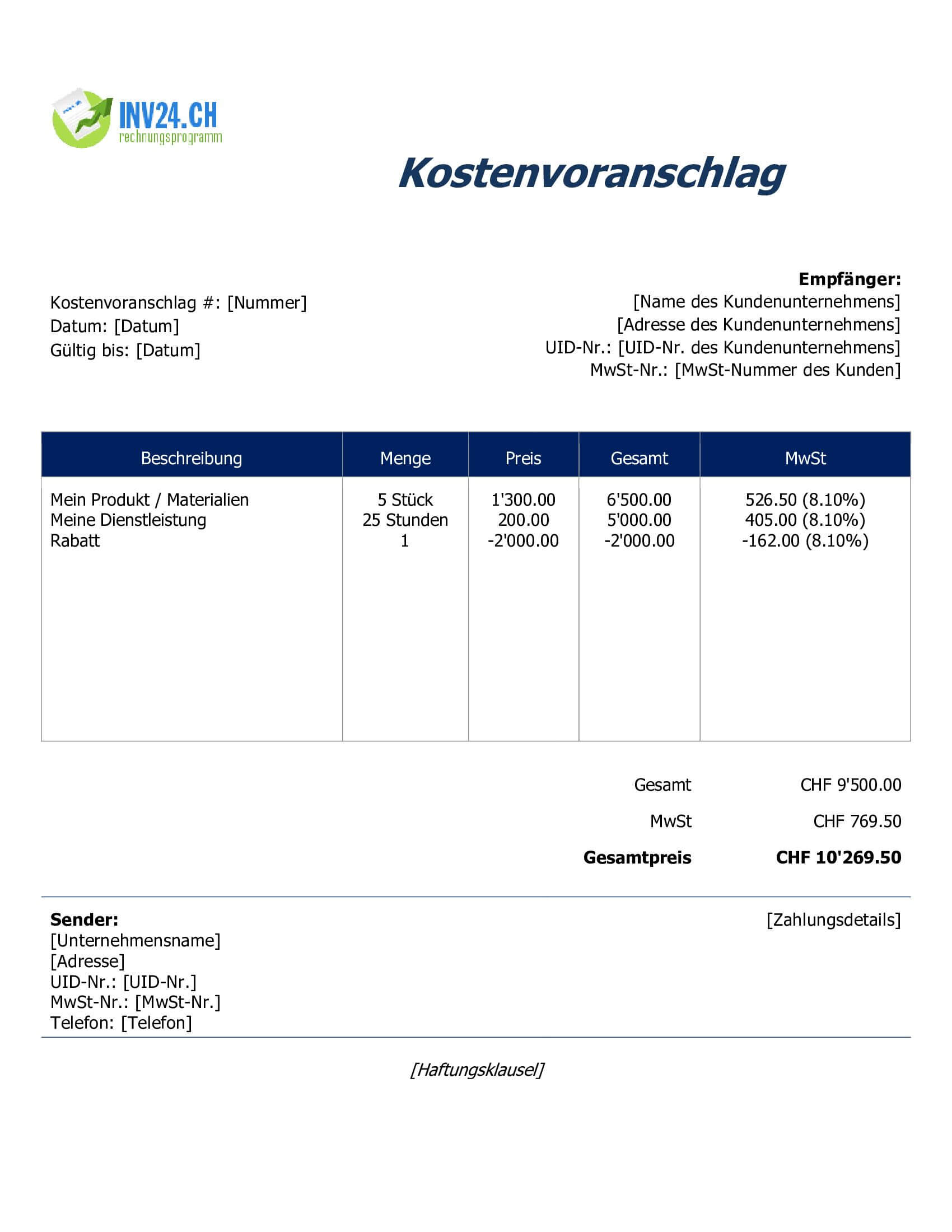 Kostenvoranschlag Muster für Schweiz (Word / Google Docs) Kostenvoranschlag Muster für Schweiz (Word / Google Docs)
