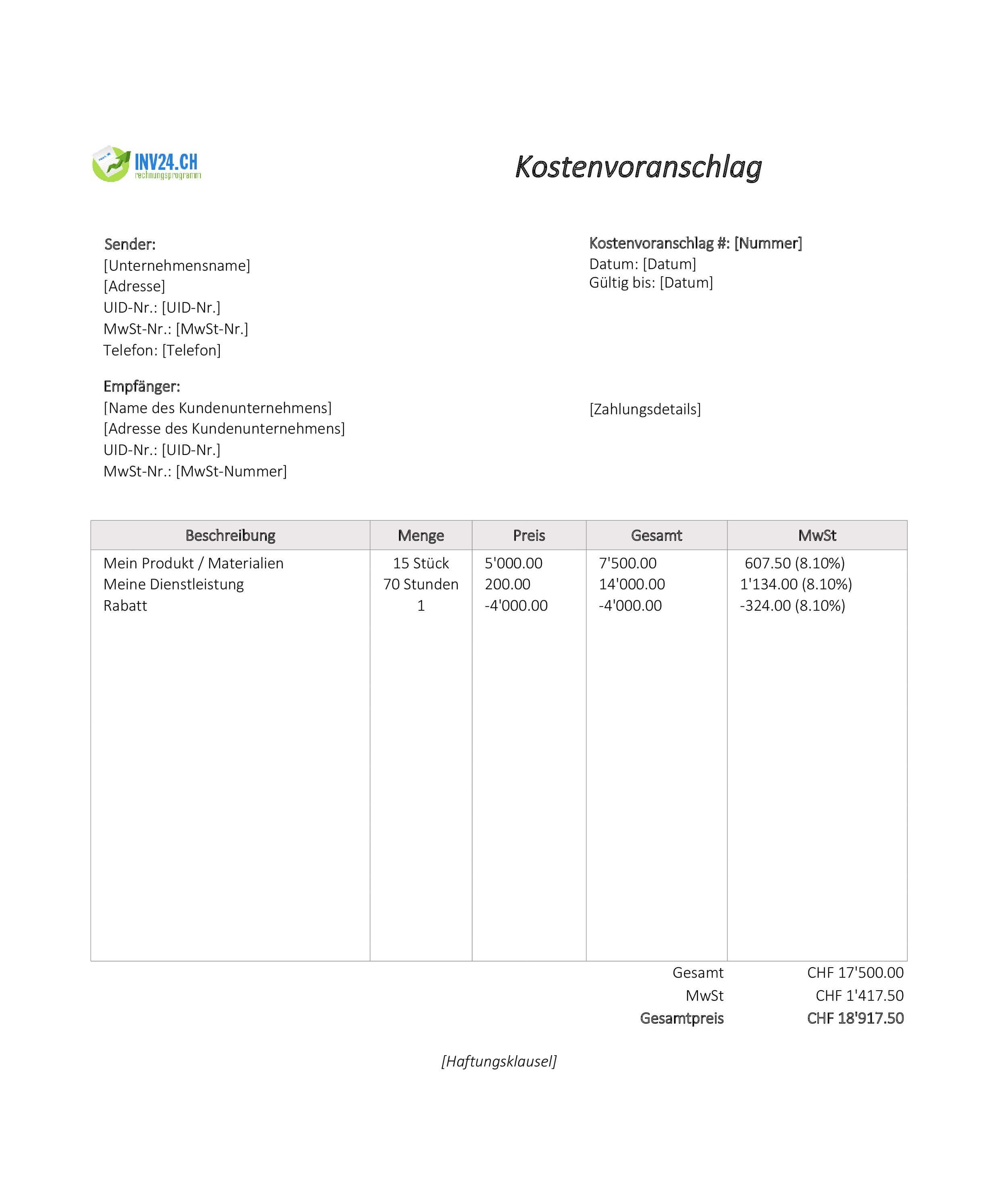 Kostenvoranschlag Muster Dienstleistung für Schweiz (Excel / Google Sheets) Kostenvoranschlag Muster Dienstleistung für Schweiz (Excel / Google Sheets)