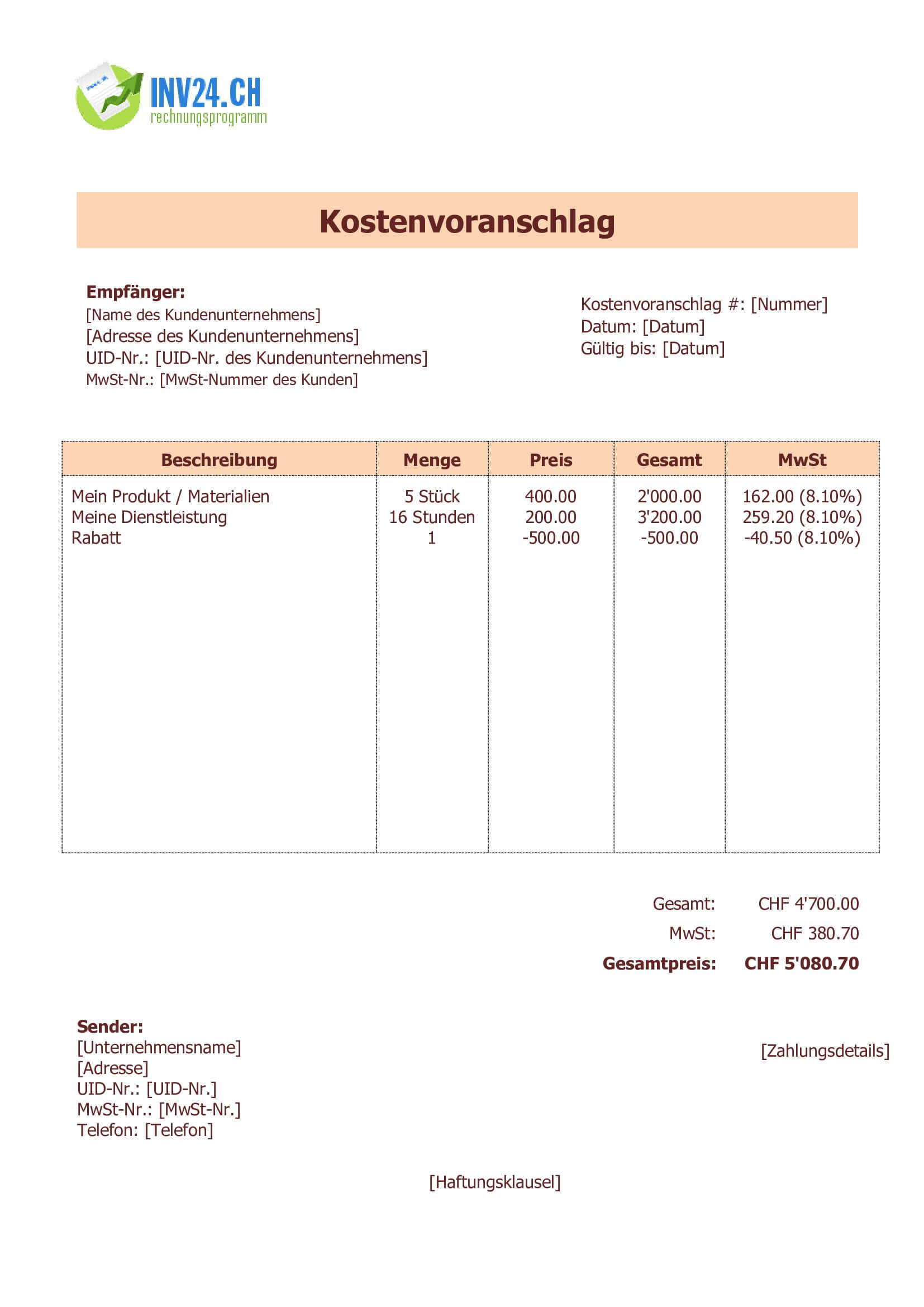 Kostenvoranschlag Muster zum Ausfüllen für Schweiz (Word / Google Docs)