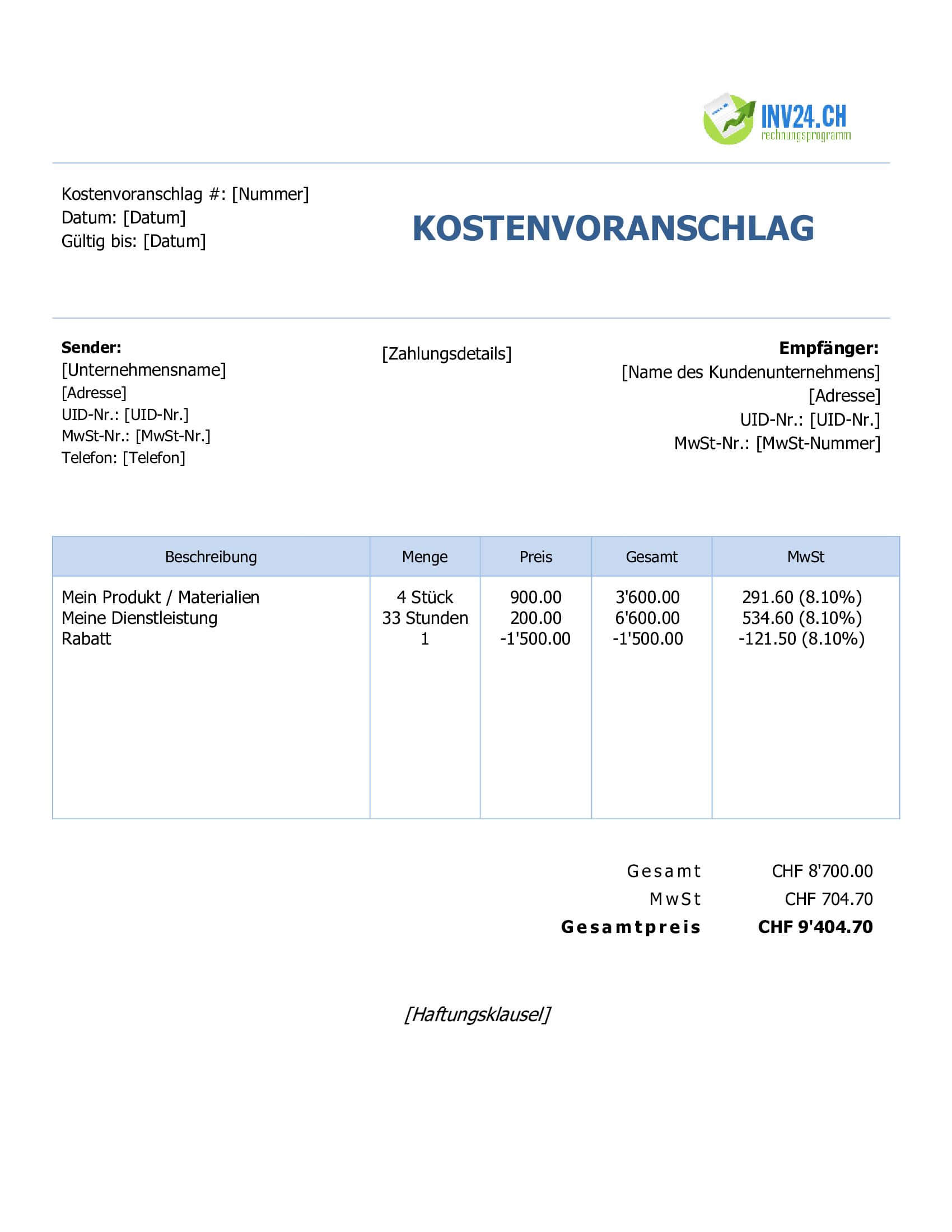 Kostenvoranschlag schreiben Muster für Schweiz (Word / Google Docs) Kostenvoranschlag schreiben Muster für Schweiz (Word / Google Docs)