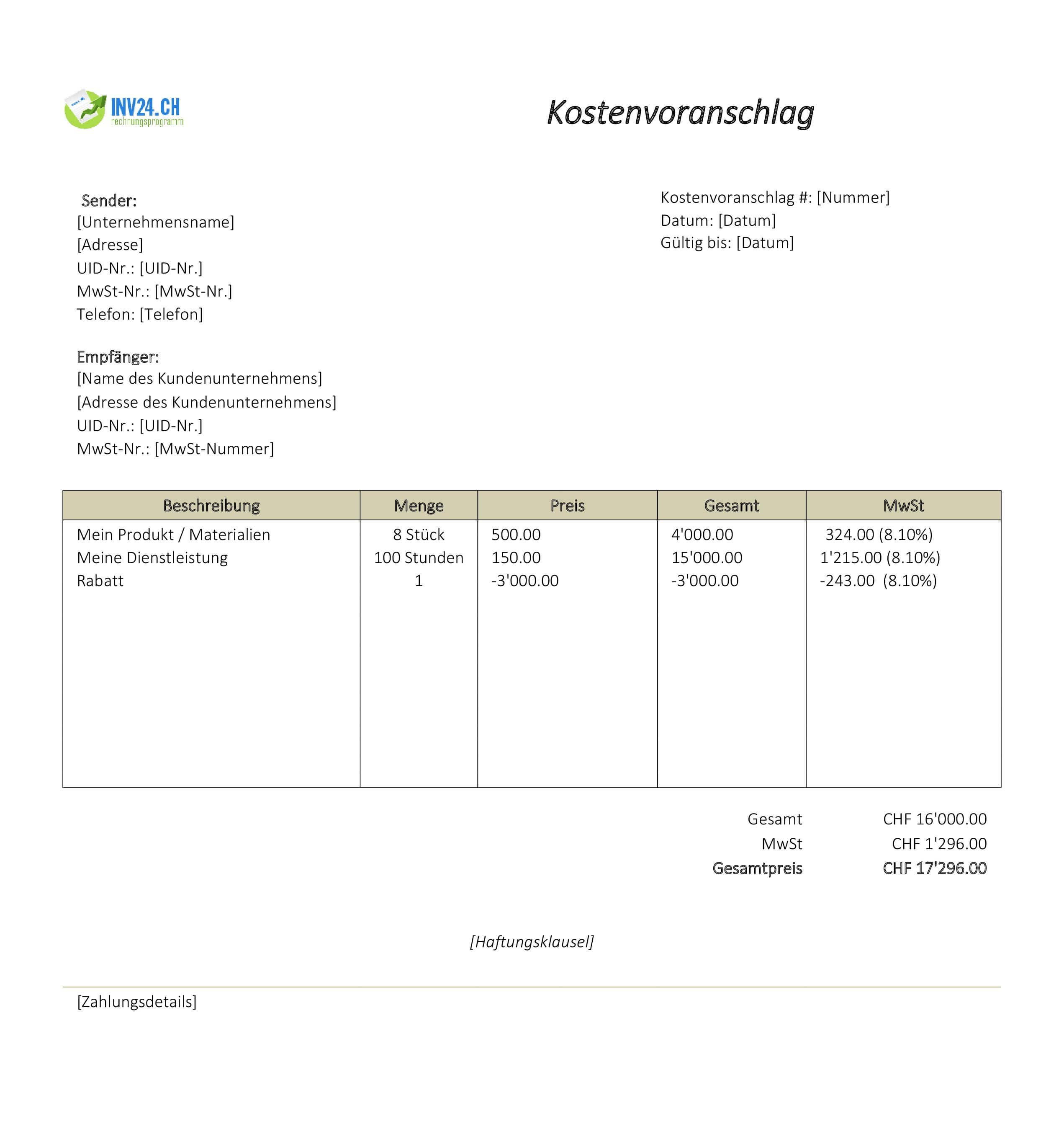 Kostenvoranschlag schreiben Vorlage für Schweiz (Excel / Google Sheets) Kostenvoranschlag schreiben Vorlage für Schweiz (Excel / Google Sheets)