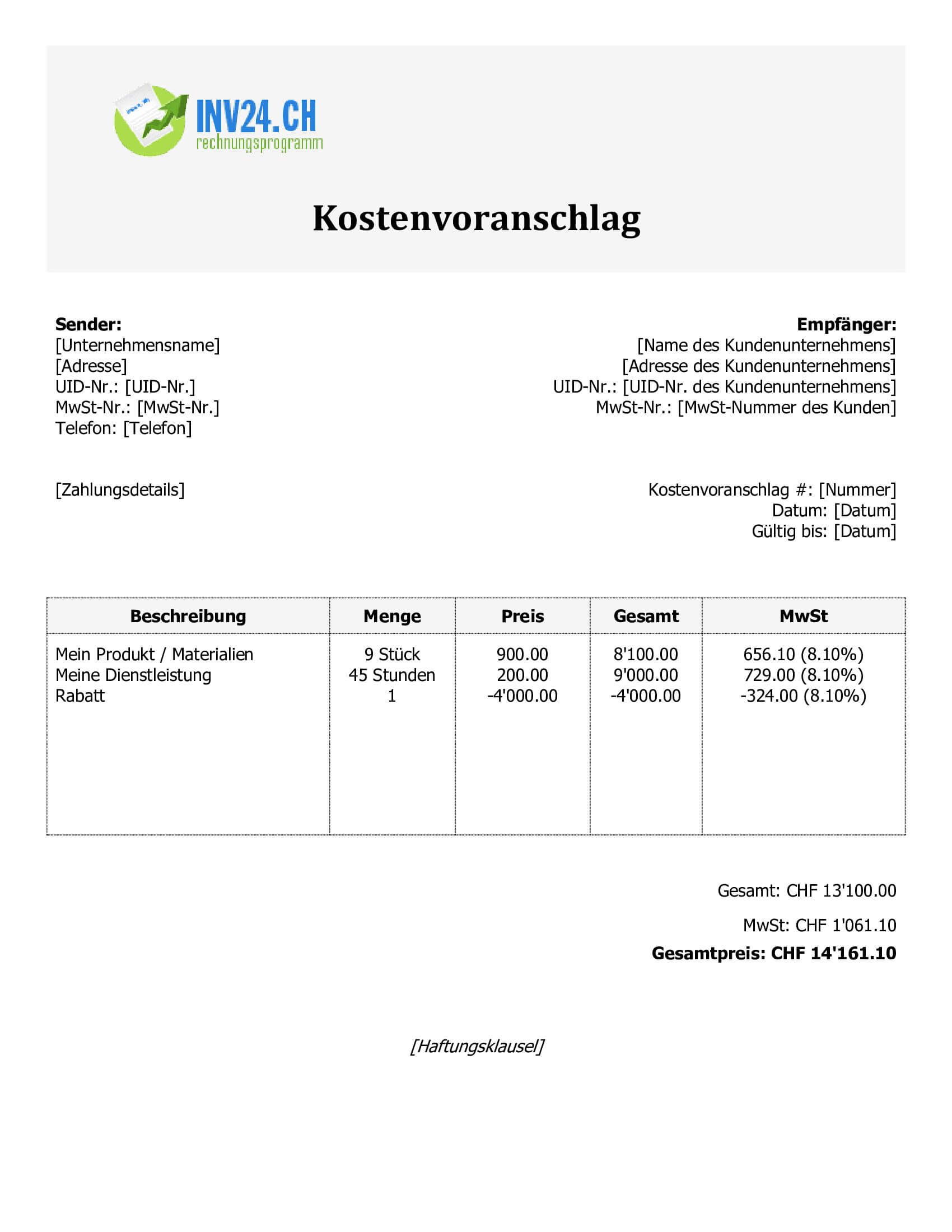 Kostenvoranschlag Vordruck für Schweiz (Word / Google Docs) Kostenvoranschlag Vordruck für Schweiz (Word / Google Docs)