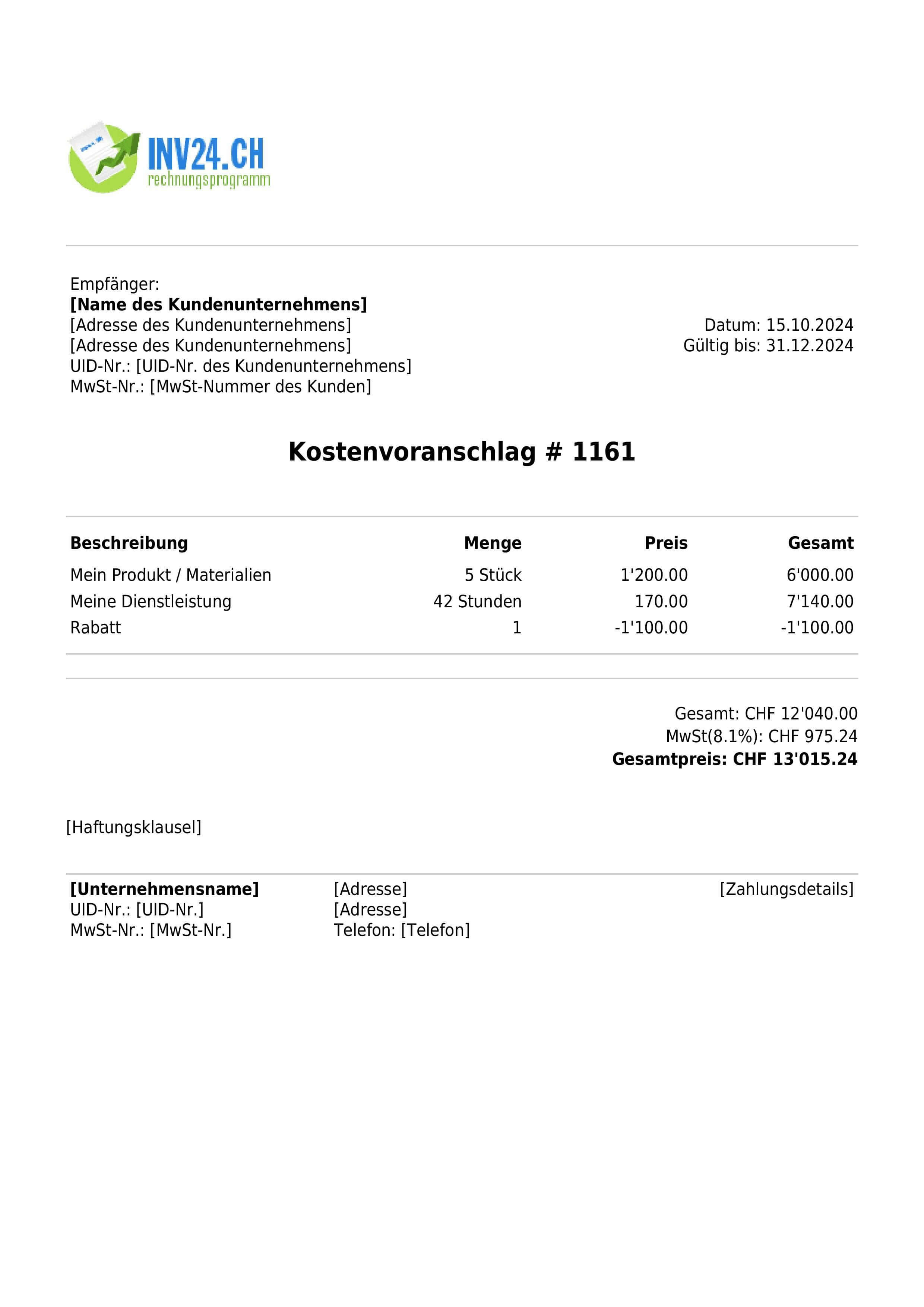 Kostenvoranschlag Beispiel für die Schweiz Kostenvoranschlag Beispiel für die Schweiz