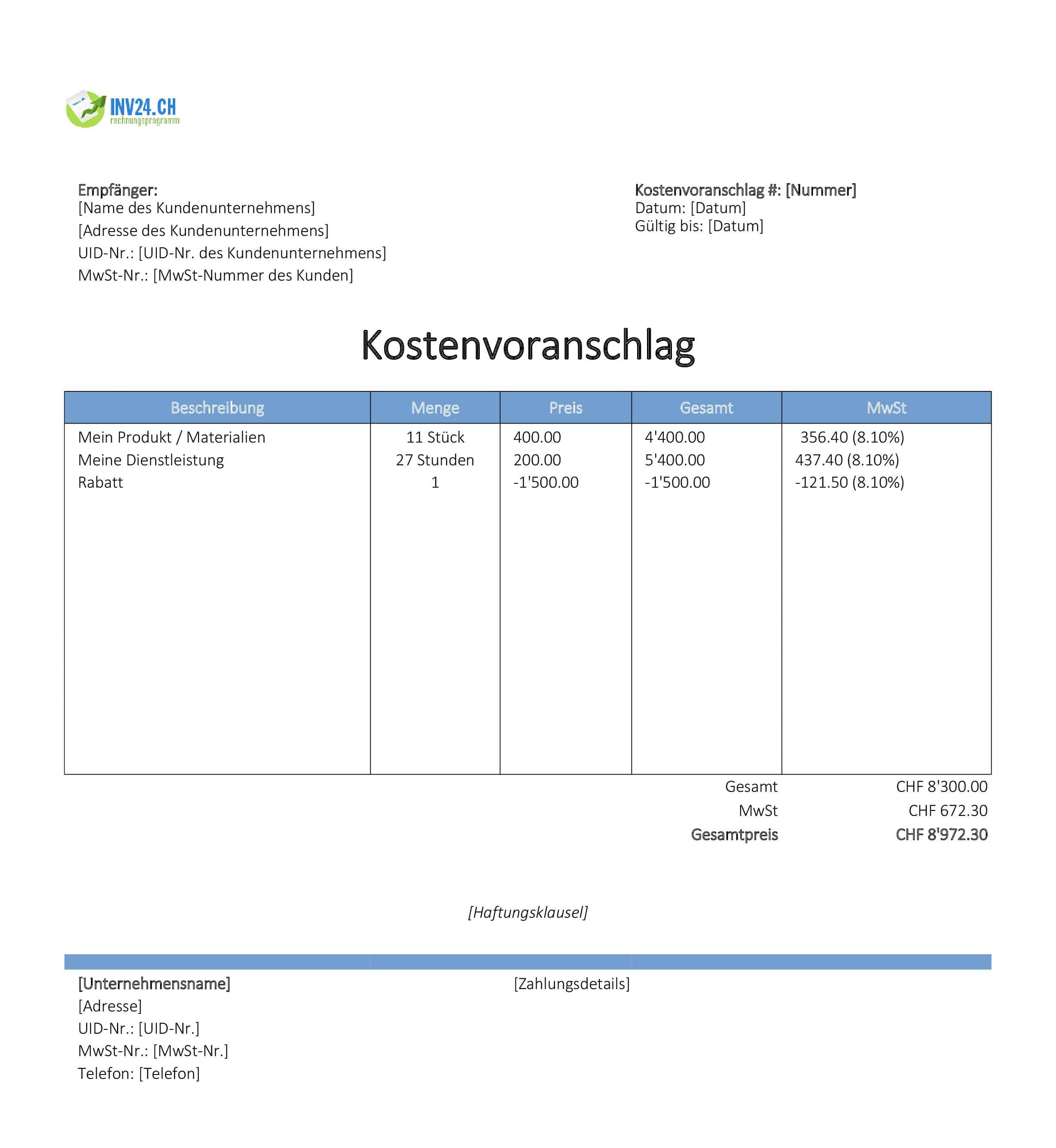 Online Kostenvoranschlag Vorlage für Schweiz (Excel / Google Sheets) Online Kostenvoranschlag Vorlage für Schweiz (Excel / Google Sheets)