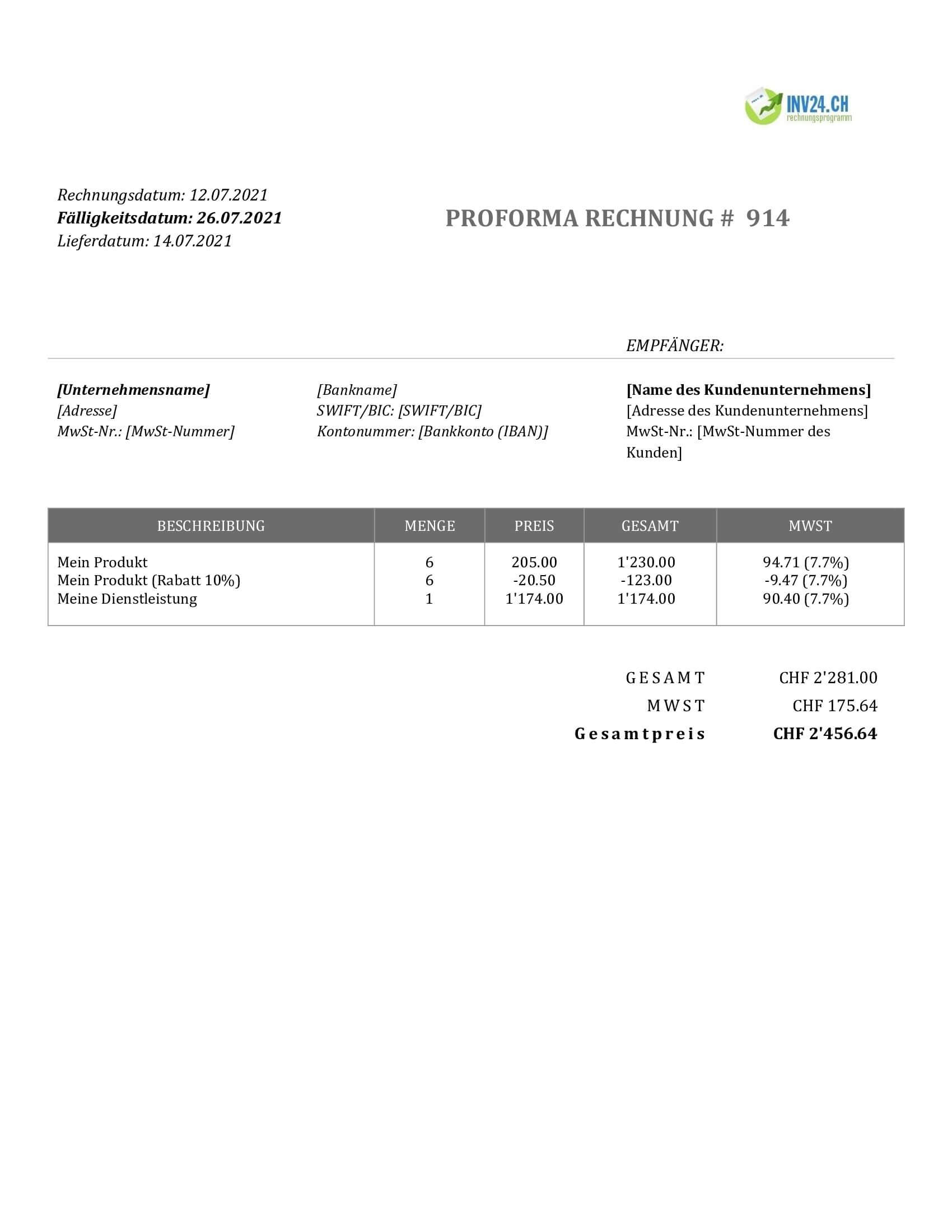 Proforma Rechnung Schweiz Vorlage