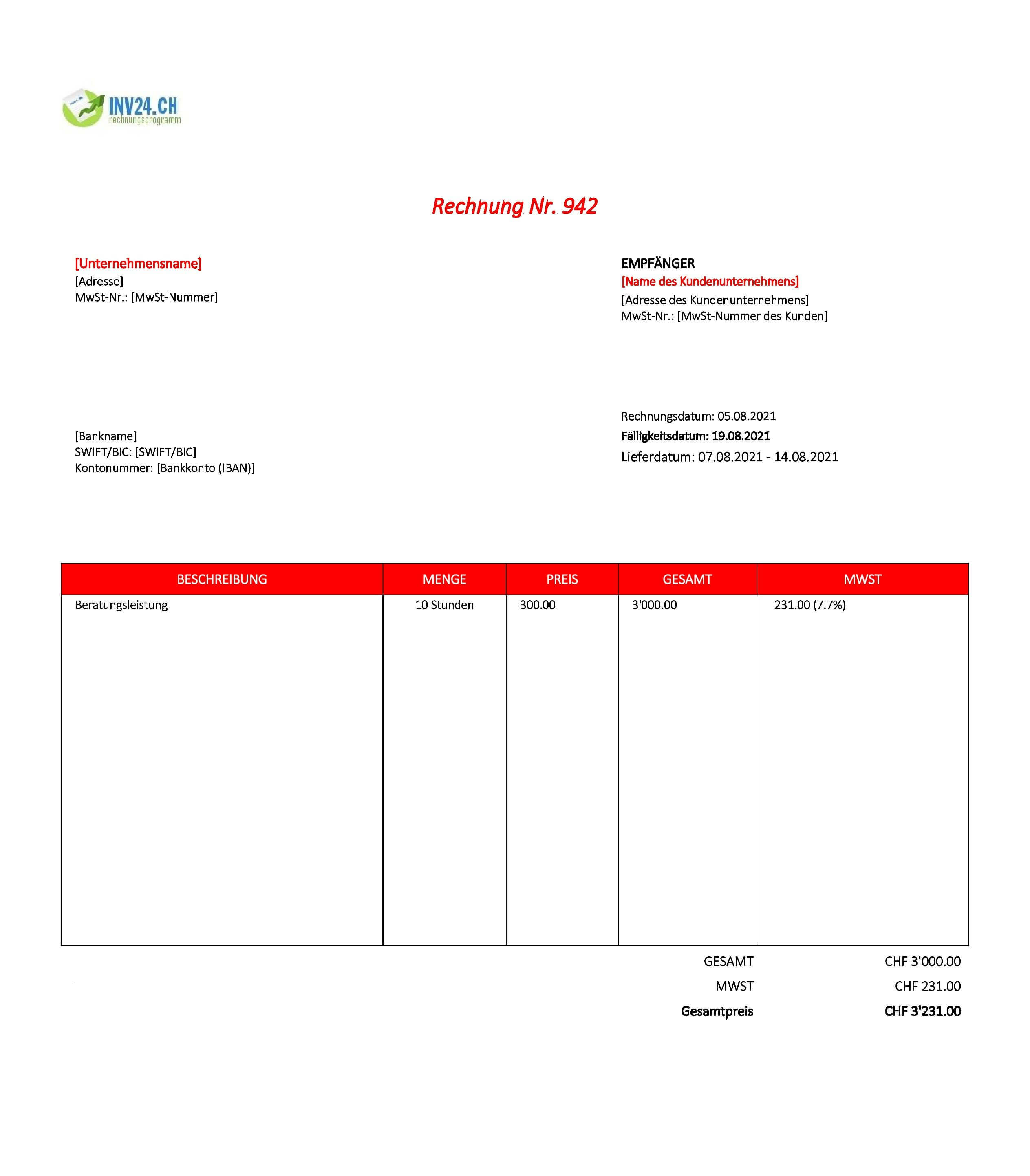 Rechnung Beratungsleistung Muster Schweiz