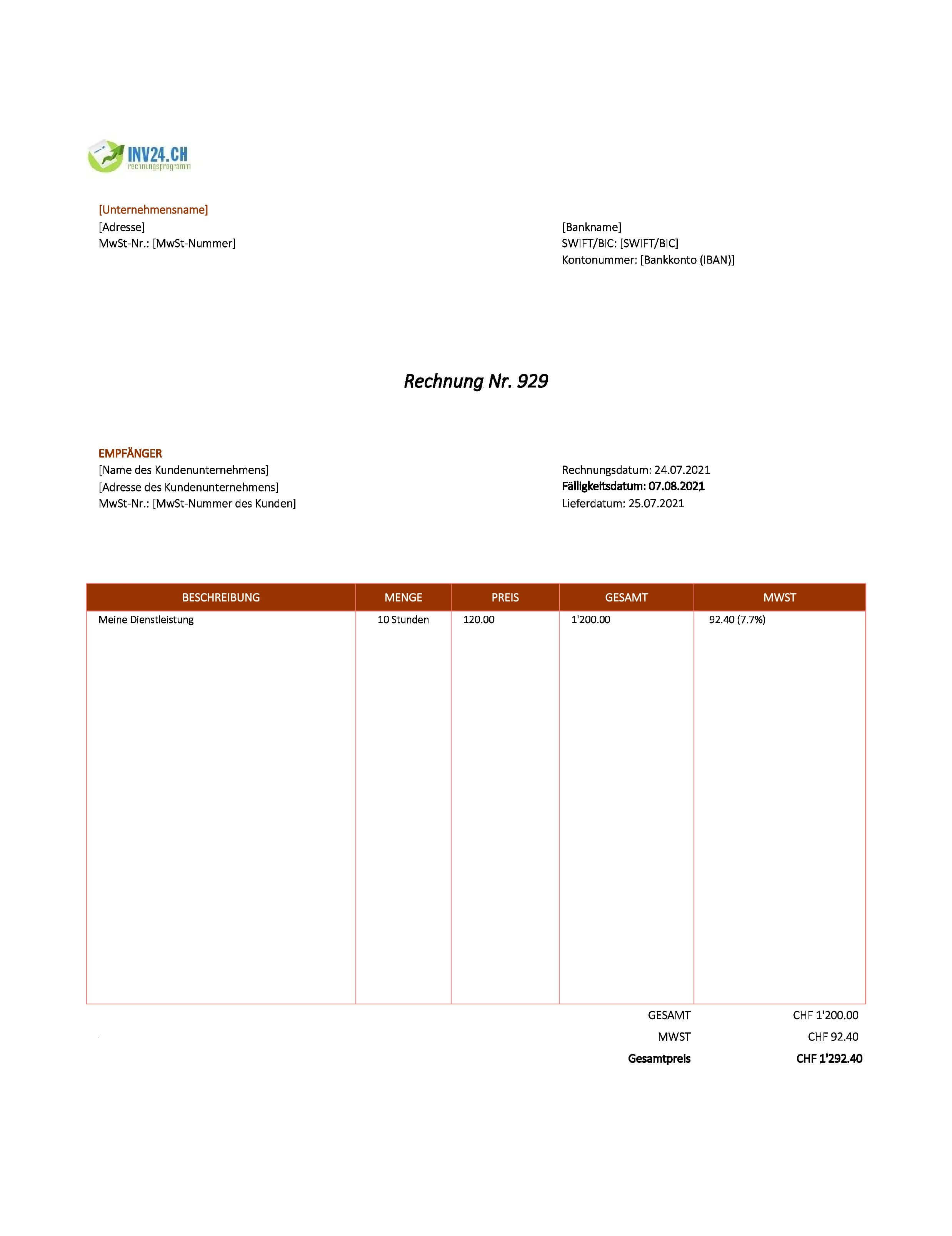Rechnung Dienstleistung Muster Schweiz