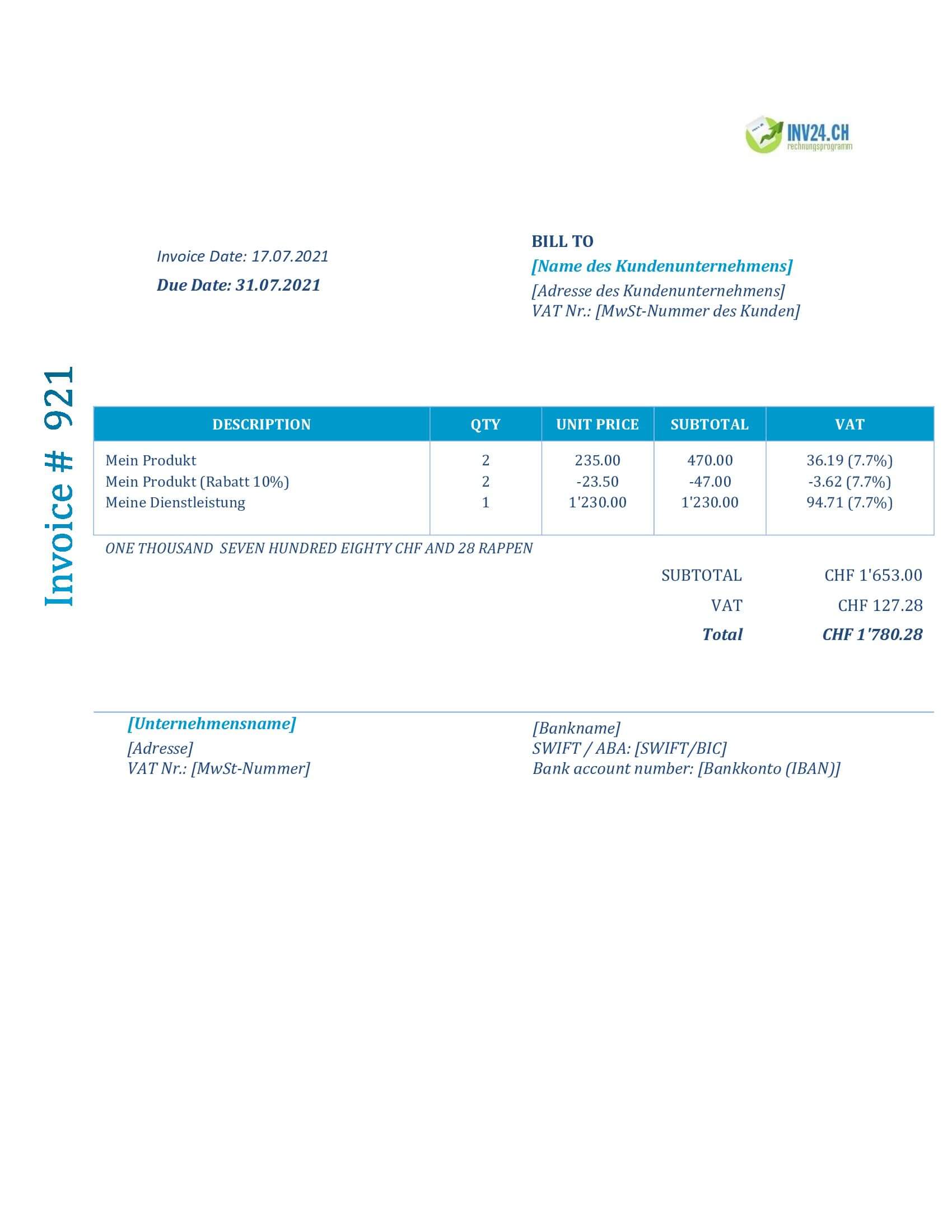 Rechnung englisch Vorlage Schweiz