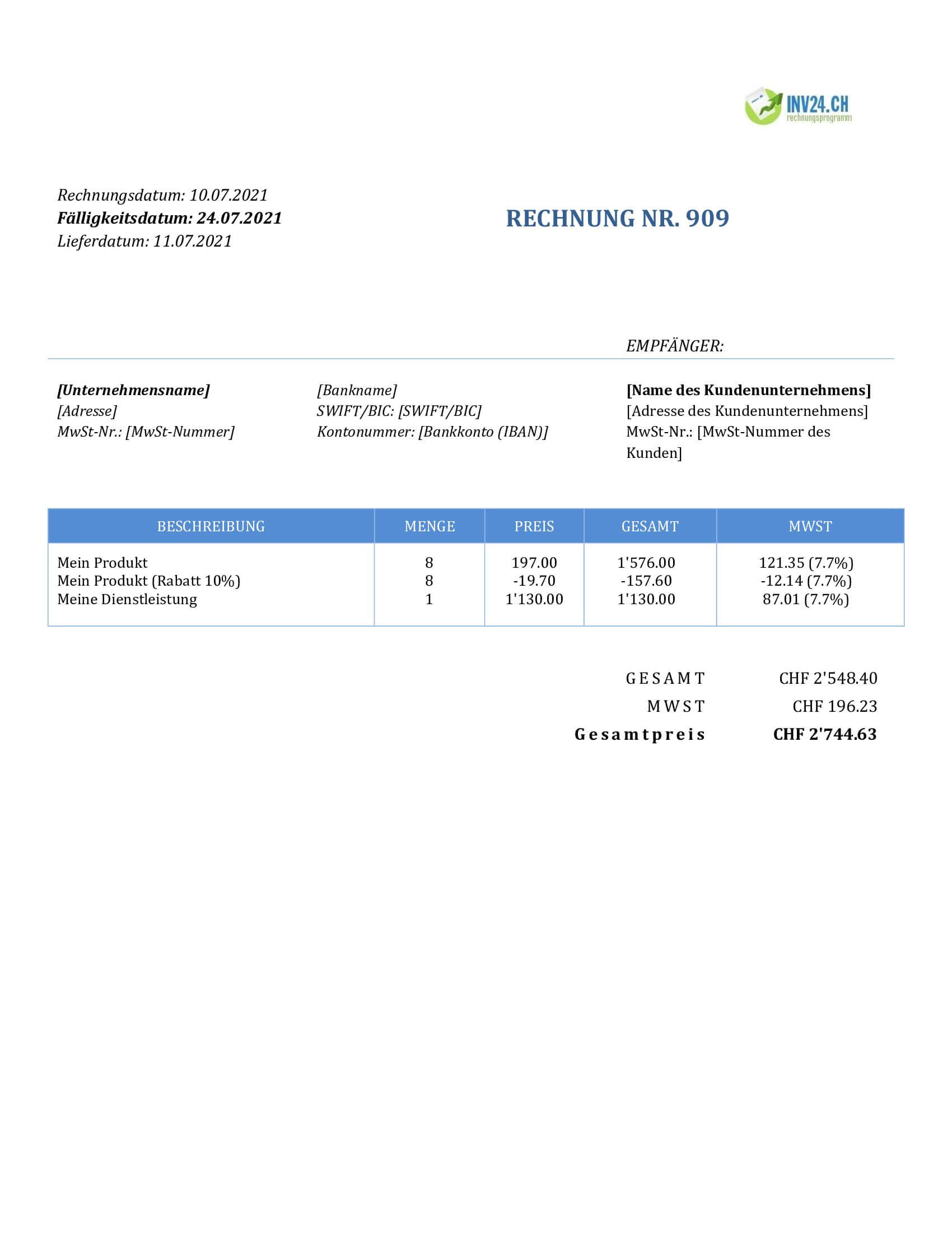 Rechnung in die Schweiz stellen Muster