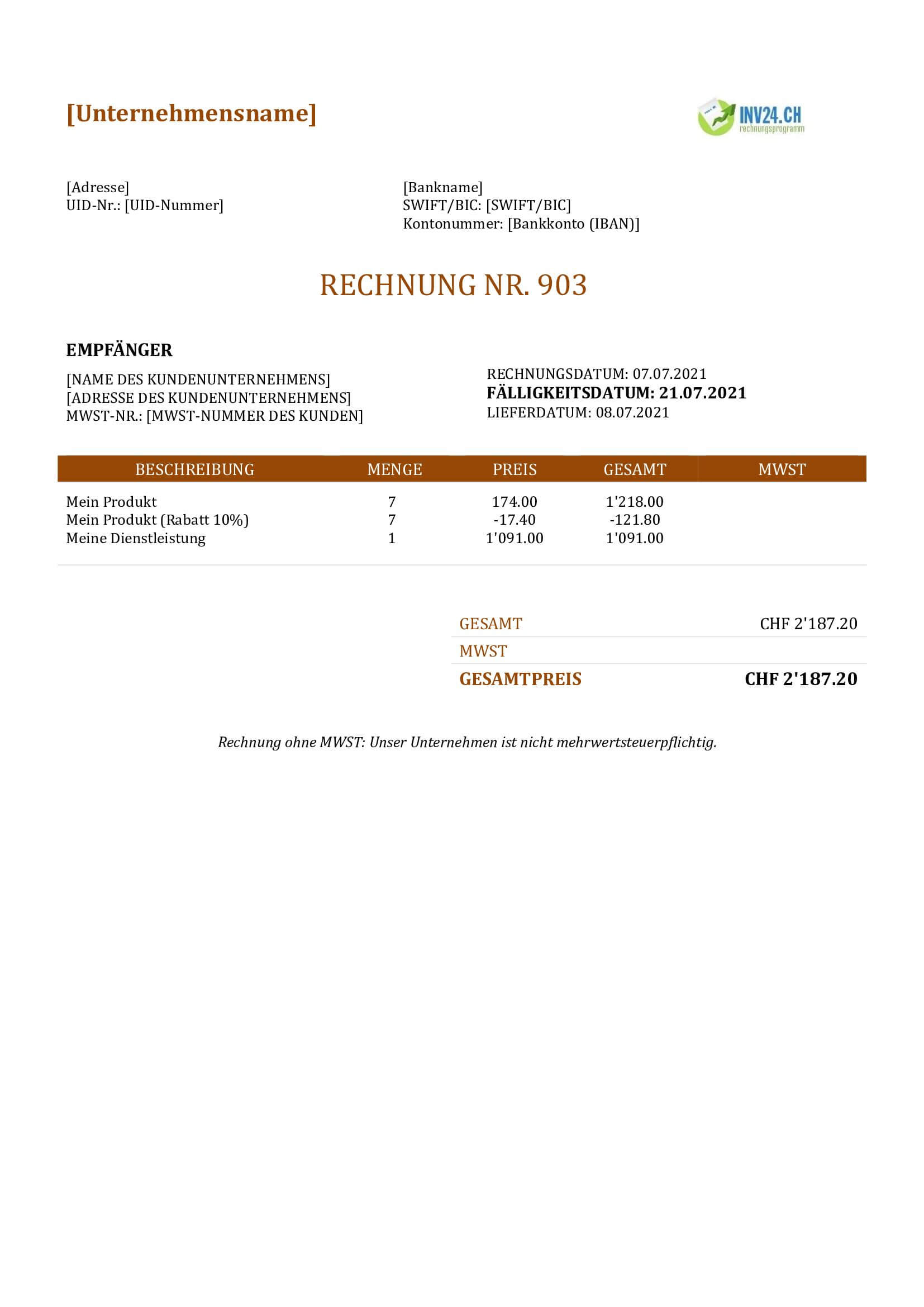 Rechnung ohne MwSt Schweiz Vorlage Rechnung ohne MwSt Schweiz Vorlage
