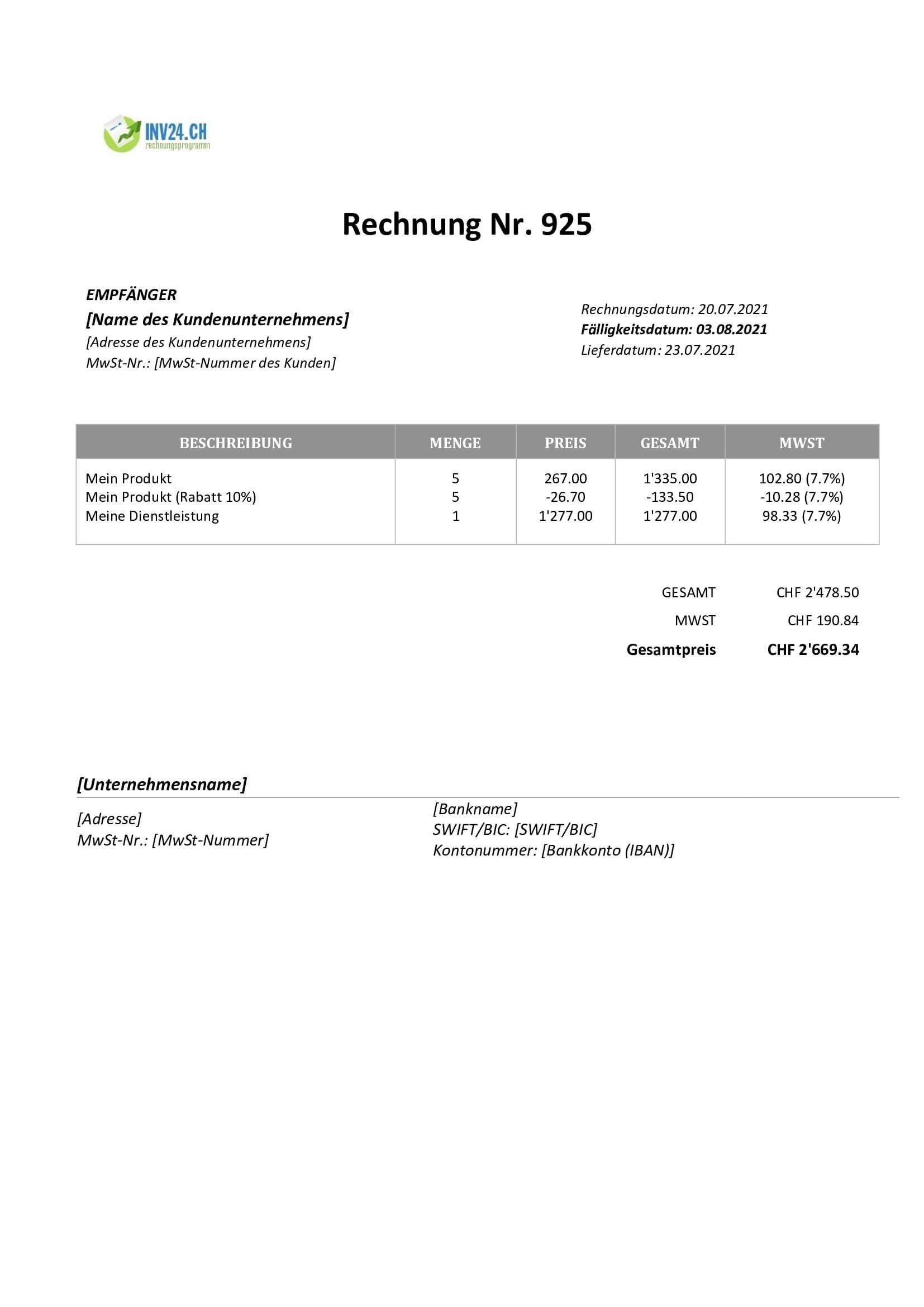 Rechnungs Vordruck Schweiz