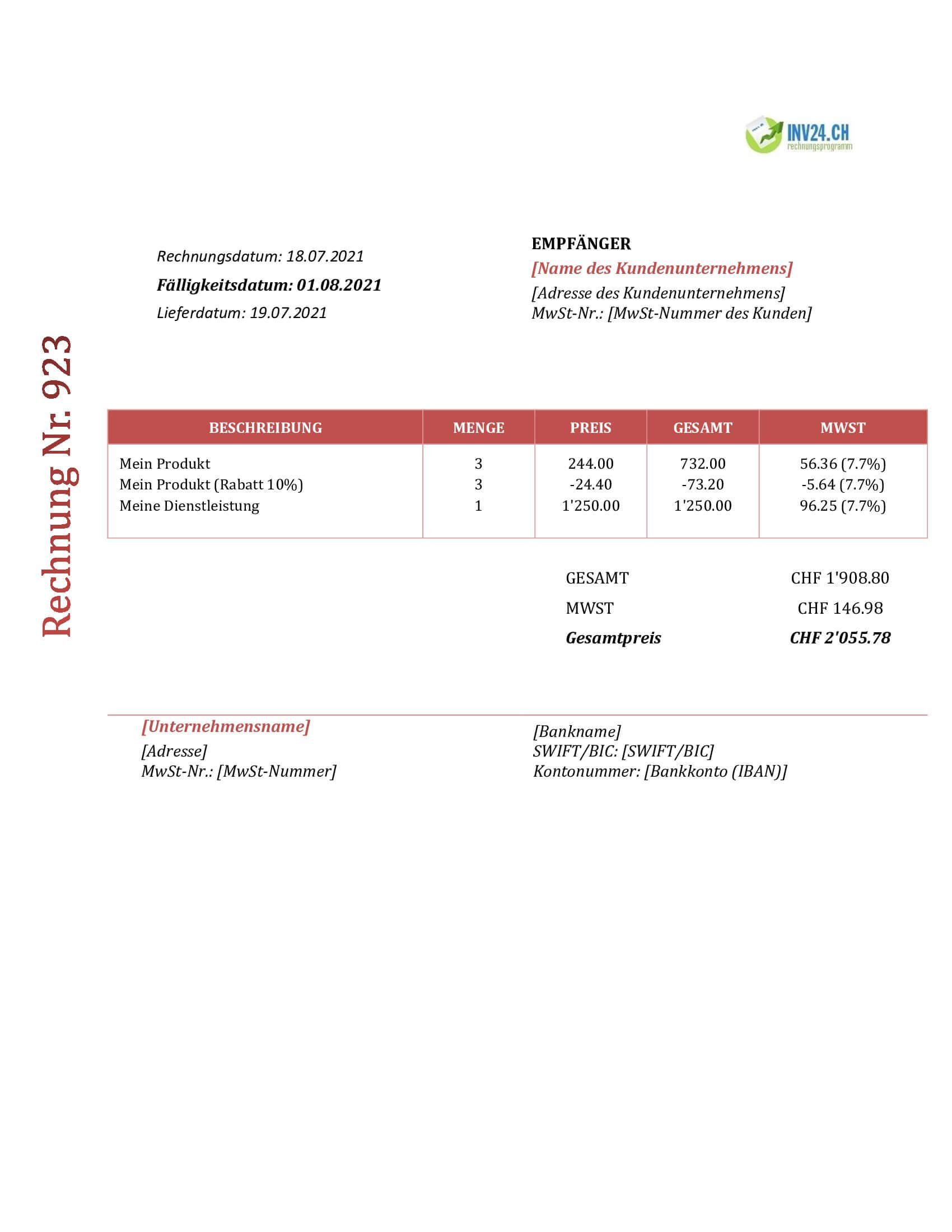 Rechnungsformular Vorlage Schweiz