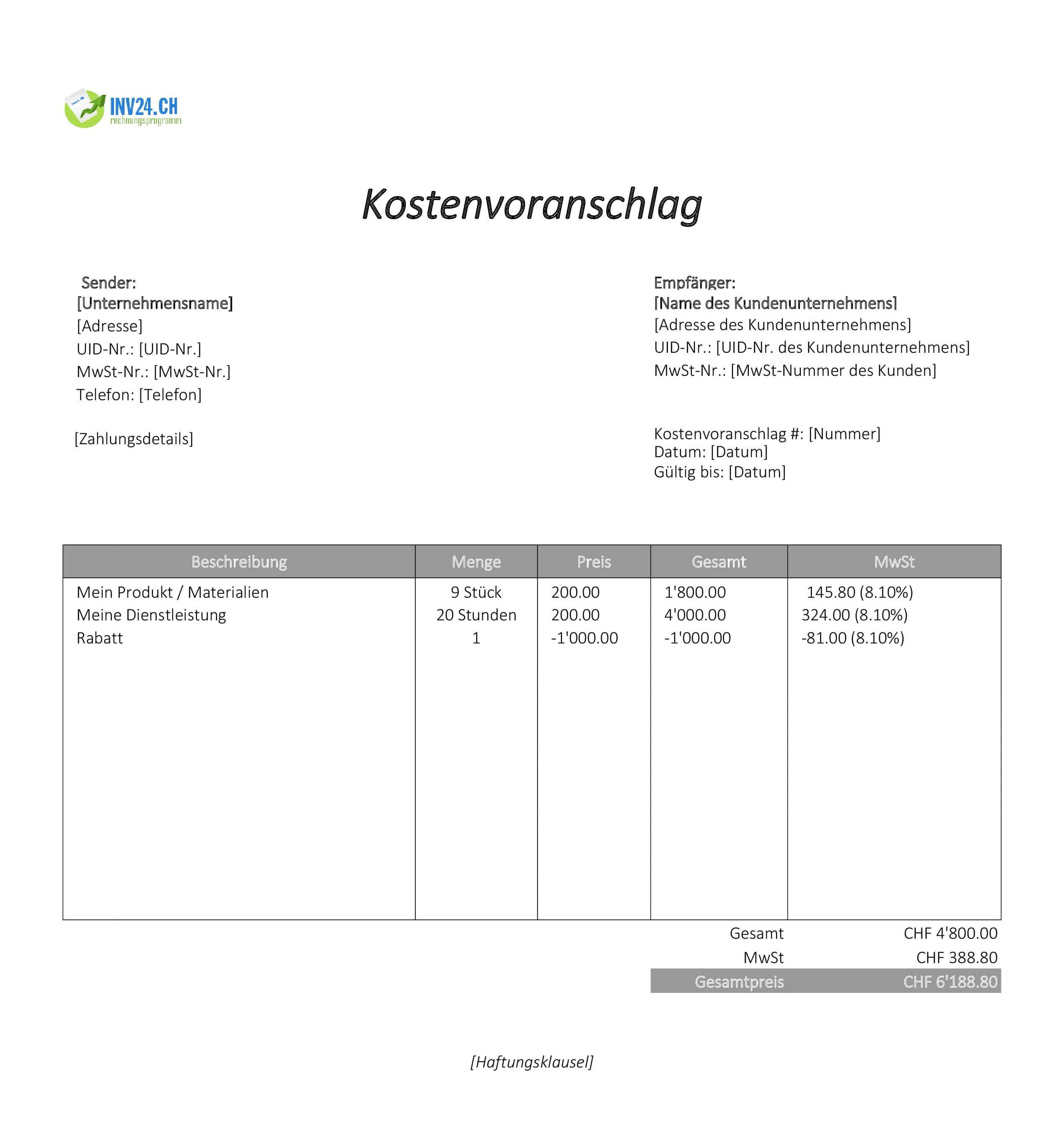 Unverbindlicher Kostenvoranschlag Muster für Schweiz (Excel / Google Sheets)