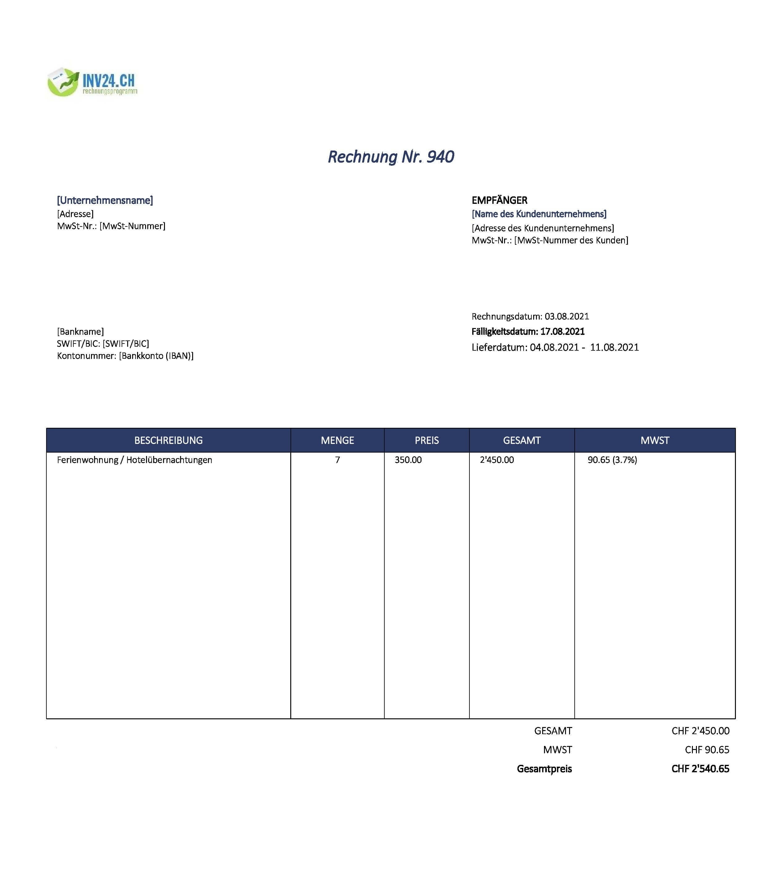Vorlage Rechnung Ferienwohnung Schweiz