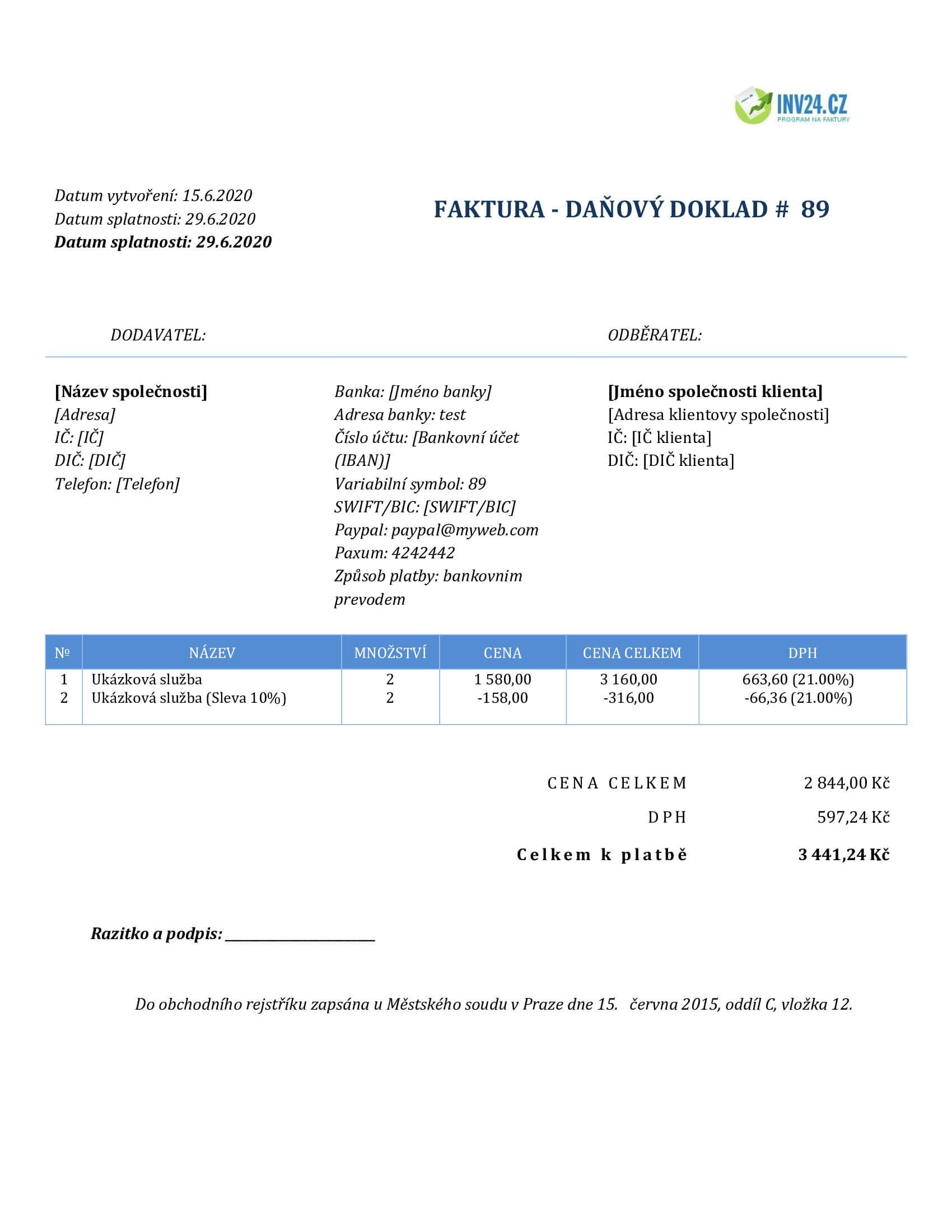 Vzor faktury (Word / Google Docs)