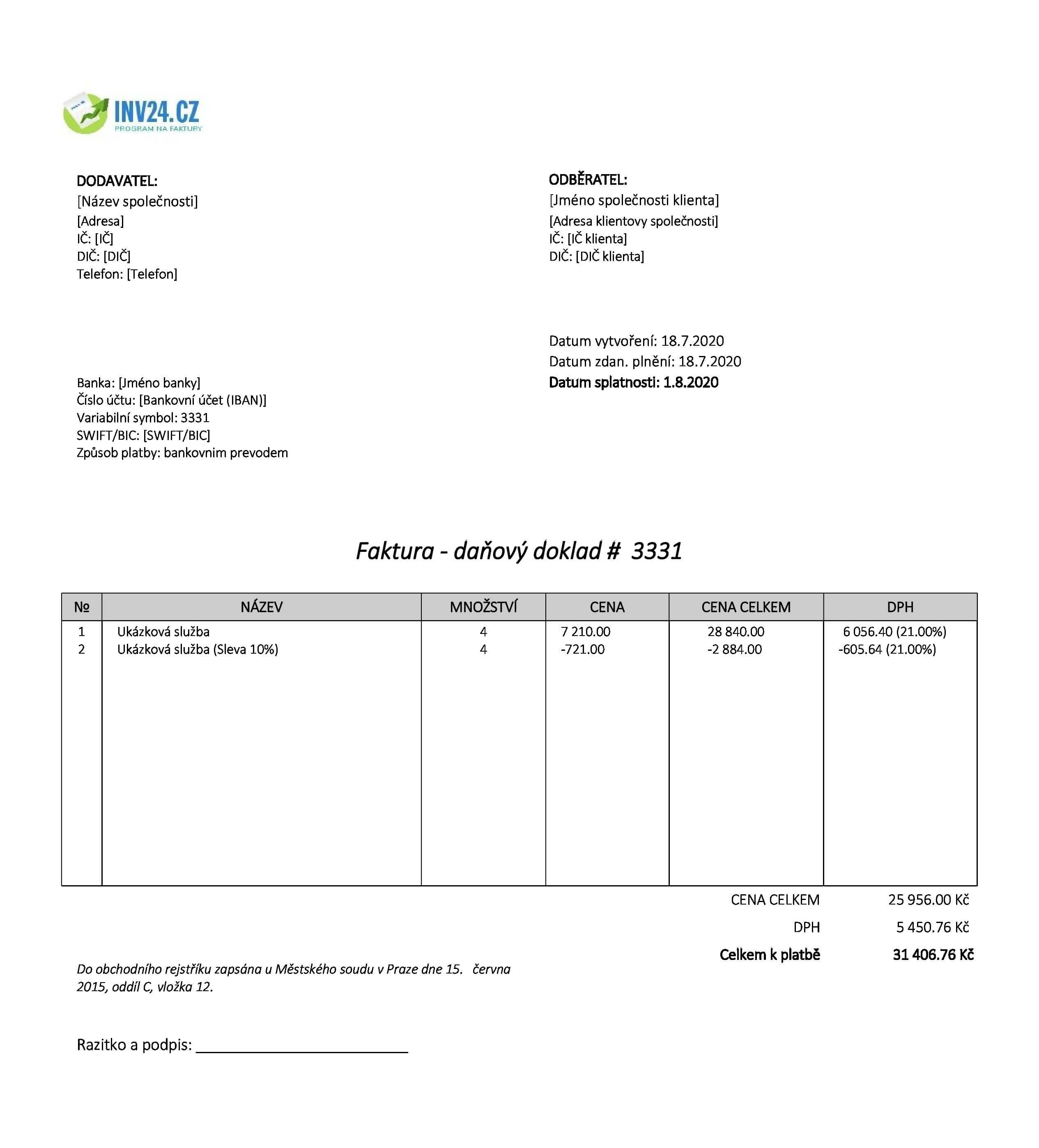 Vzor faktury (Excel / Google Sheets)