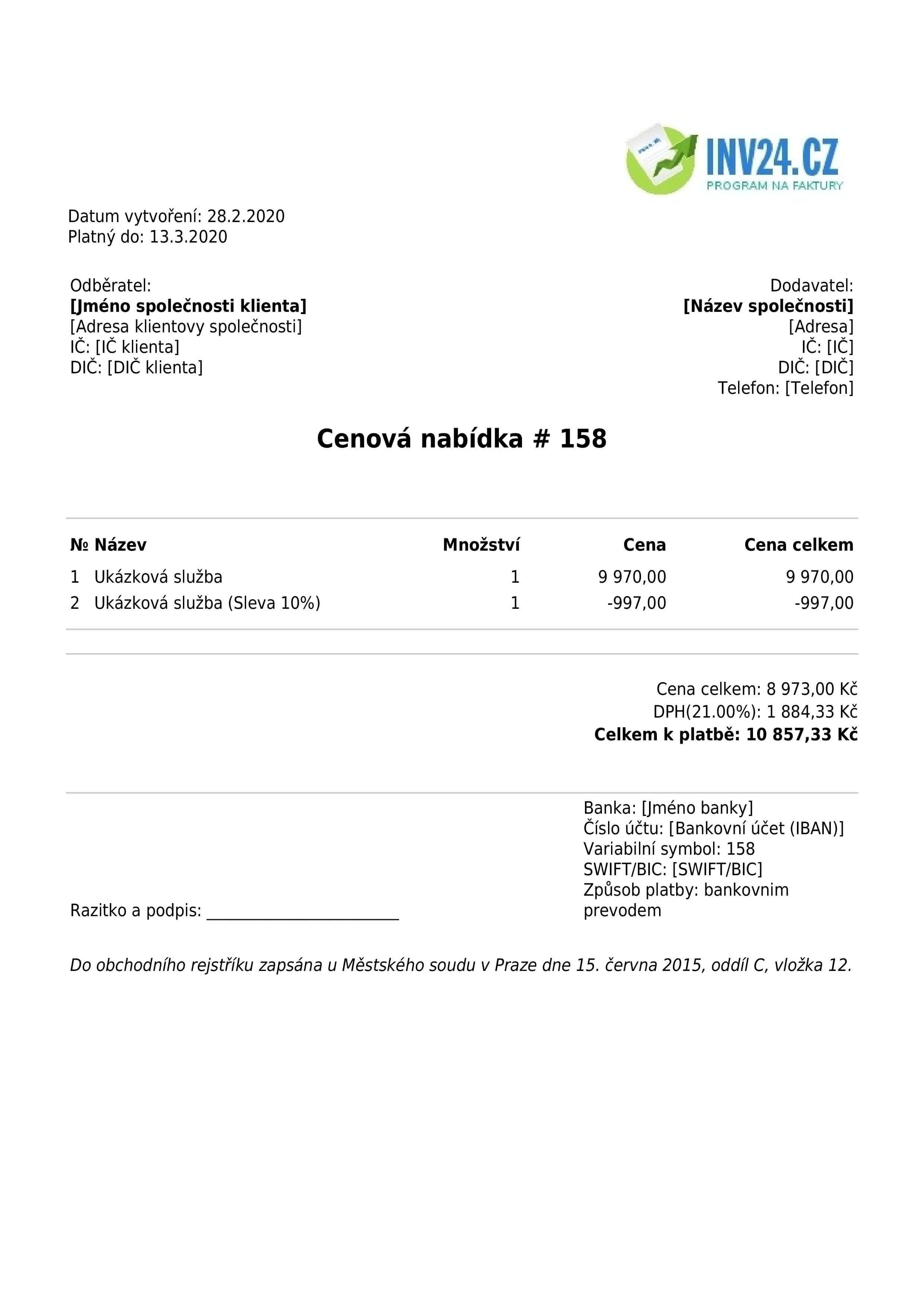 cenová nabídka online zdarma vzor