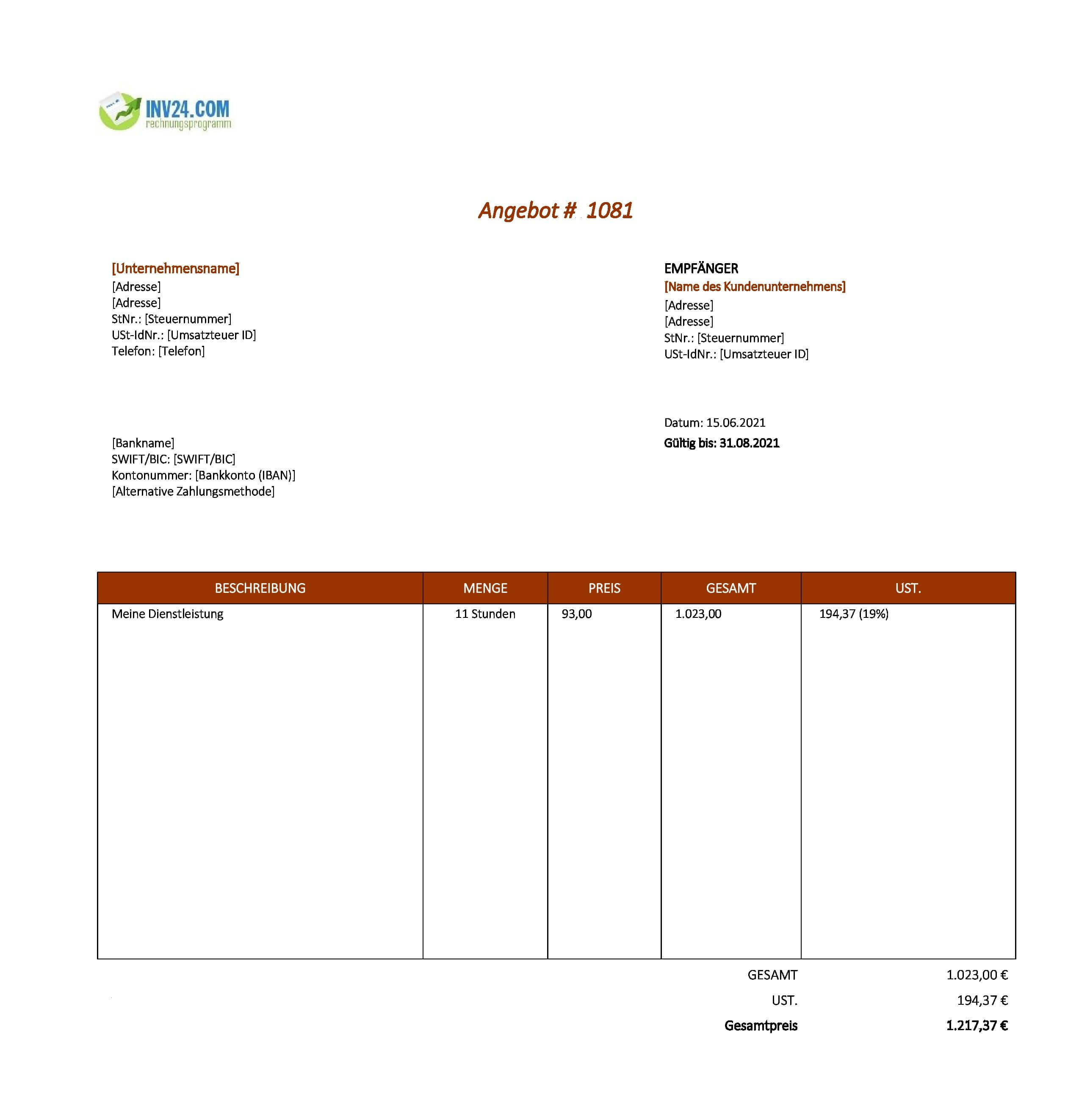 Angebot Dienstleistung Muster (Excel / Google Sheets)