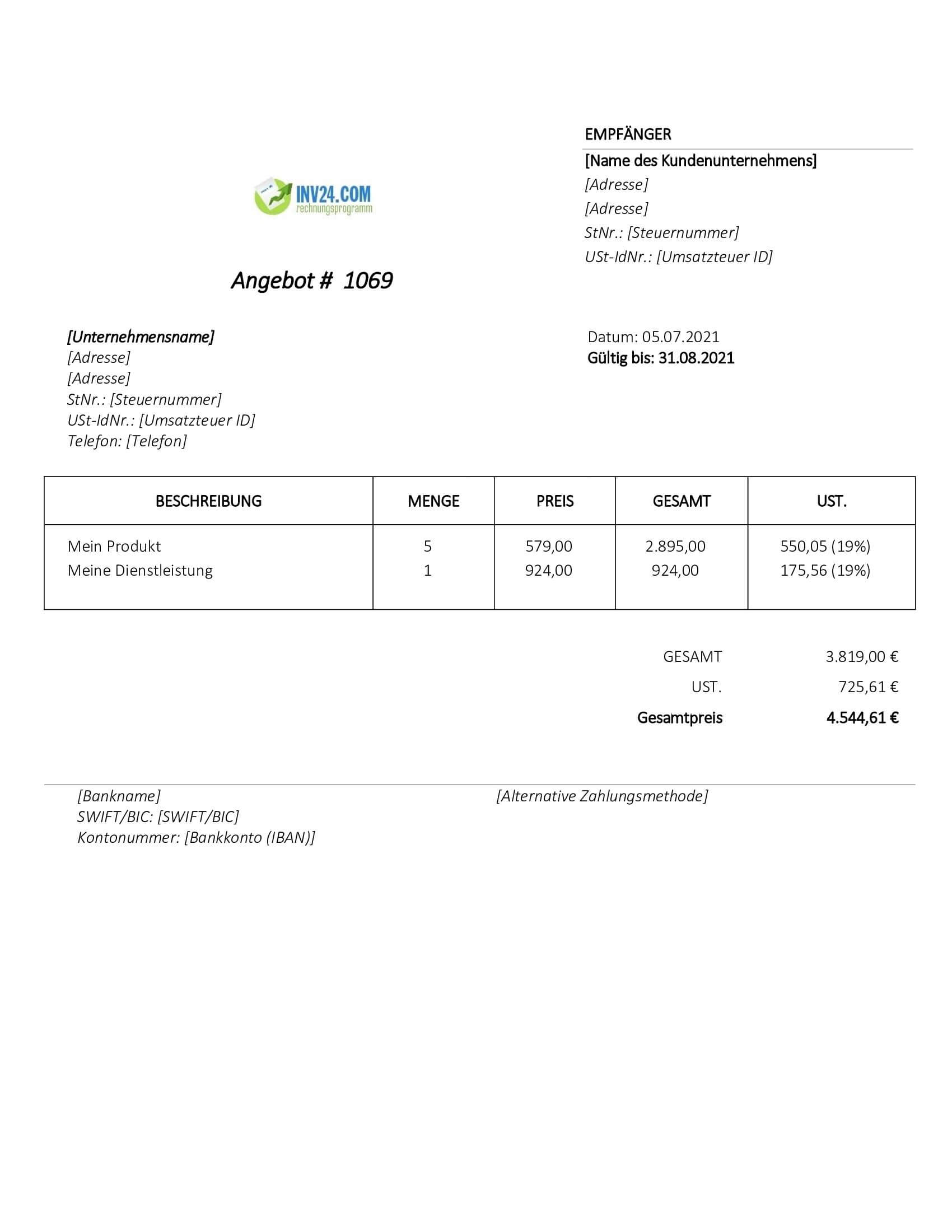 Angebot erstellen Vorlage (Word / Google Docs)