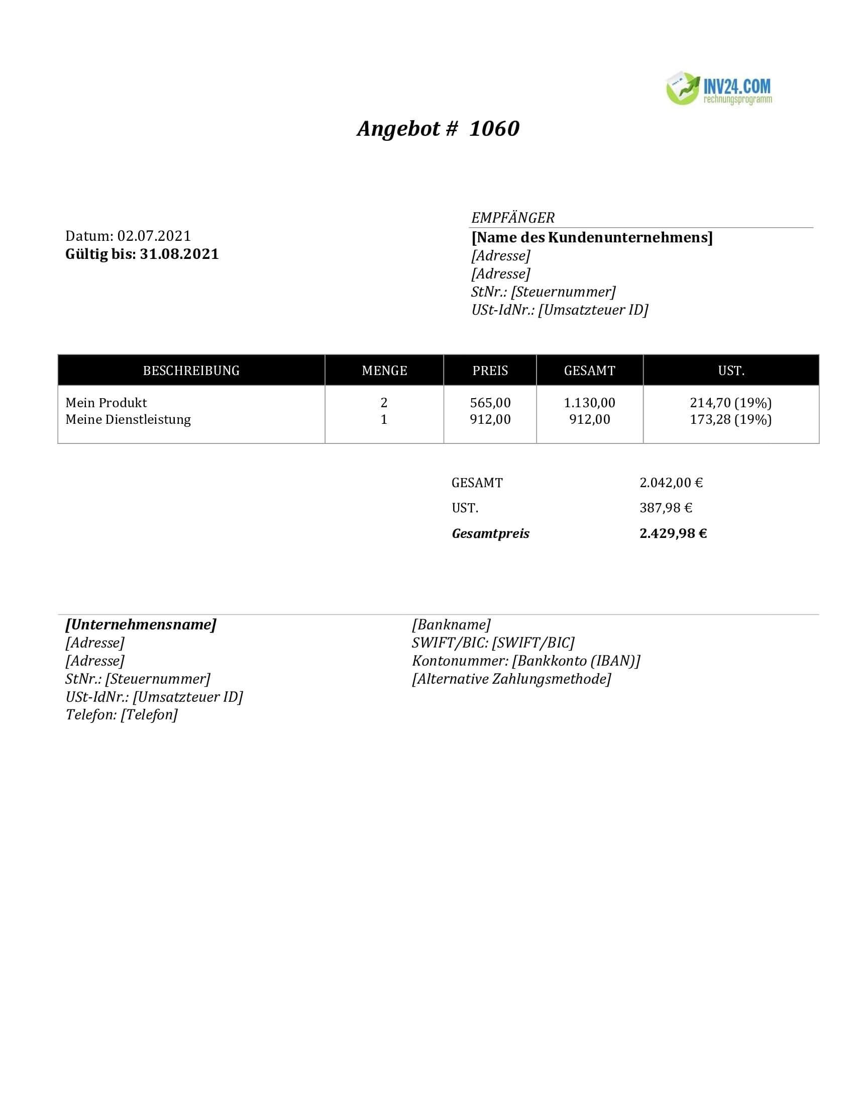 Angebot Muster (Word / Google Docs)