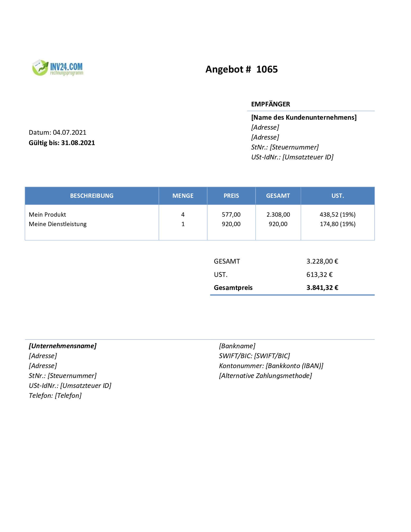 Angebot schreiben Vorlage (Word / Google Docs)